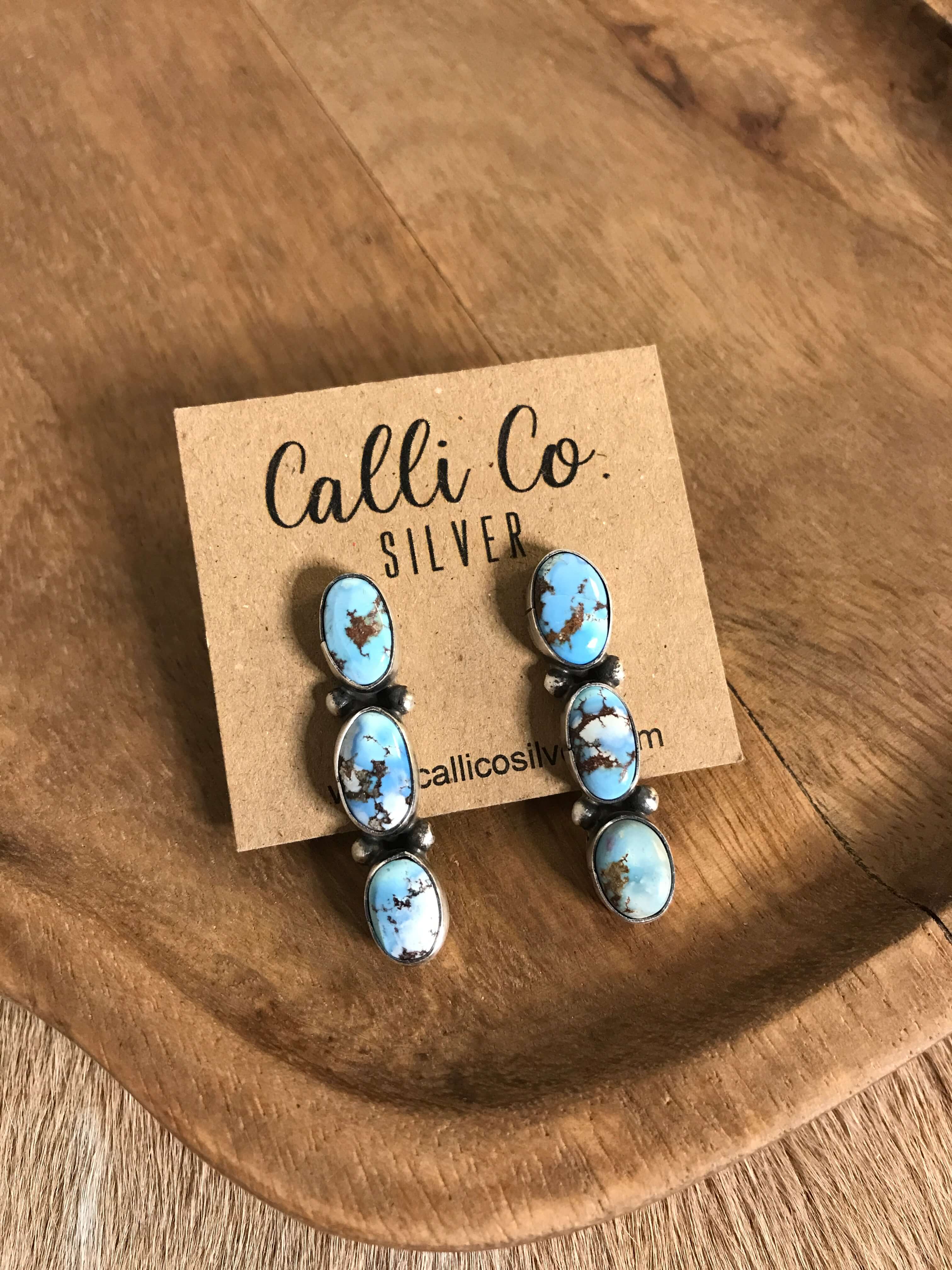 The Orlovista Triple Drop Earrings, 1-Earrings-Calli Co., Turquoise and Silver Jewelry, Native American Handmade, Zuni Tribe, Navajo Tribe, Brock Texas
