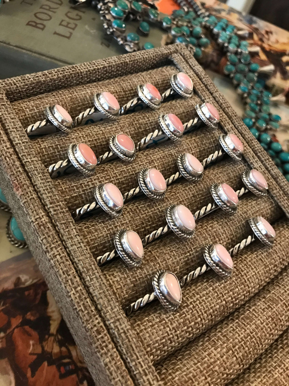 The Waco Rings in Pink Conch Shell-Rings-Calli Co., Turquoise and Silver Jewelry, Native American Handmade, Zuni Tribe, Navajo Tribe, Brock Texas