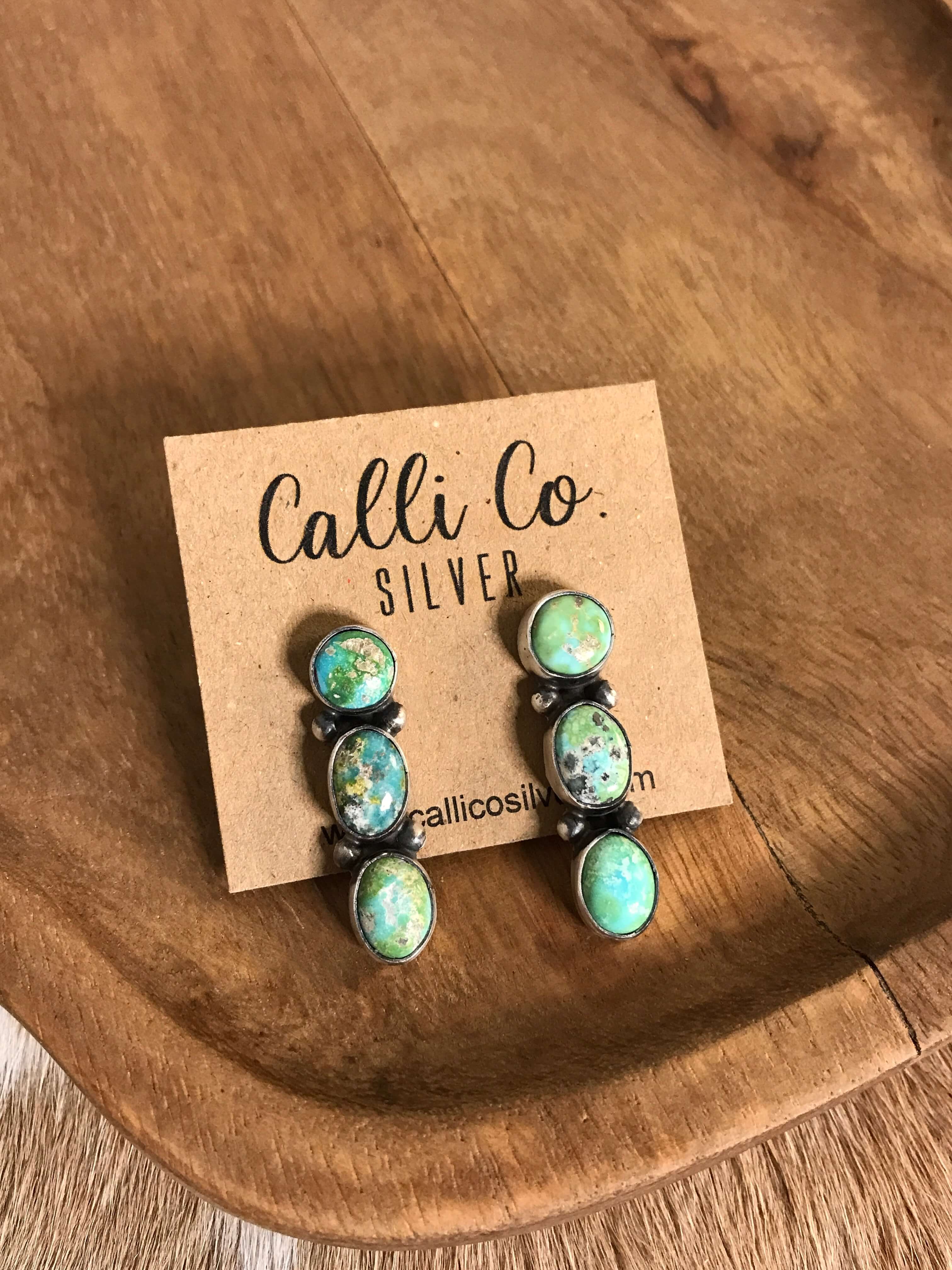 The Orlovista Triple Drop Earrings, 3-Earrings-Calli Co., Turquoise and Silver Jewelry, Native American Handmade, Zuni Tribe, Navajo Tribe, Brock Texas