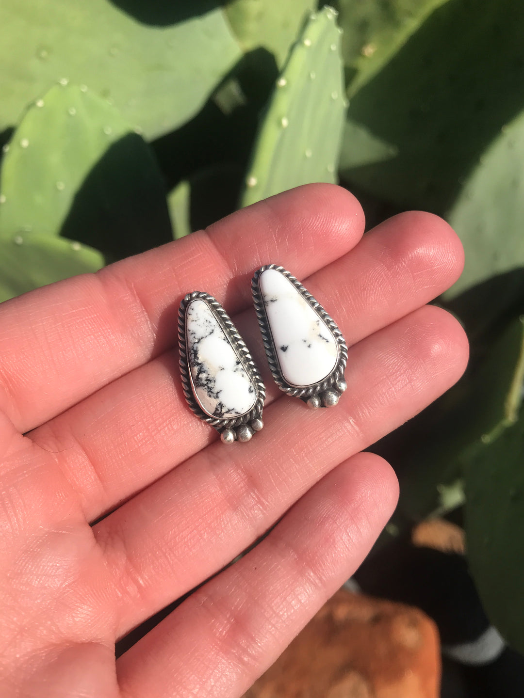 The White Buffalo Studs, 14-Earrings-Calli Co., Turquoise and Silver Jewelry, Native American Handmade, Zuni Tribe, Navajo Tribe, Brock Texas