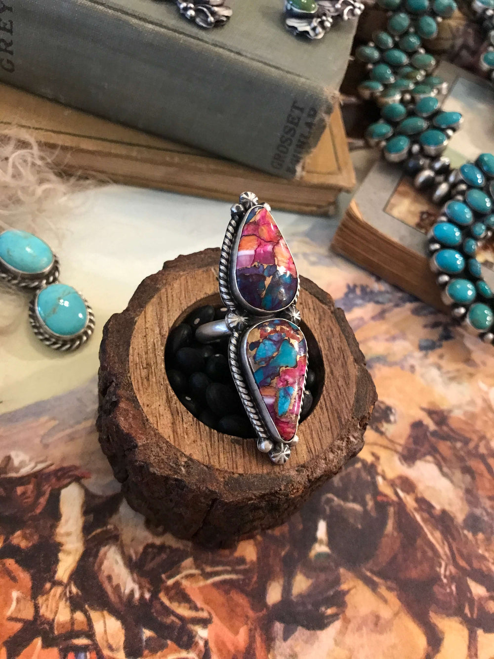 The Double Stone Adjustable Ring, 7-Rings-Calli Co., Turquoise and Silver Jewelry, Native American Handmade, Zuni Tribe, Navajo Tribe, Brock Texas