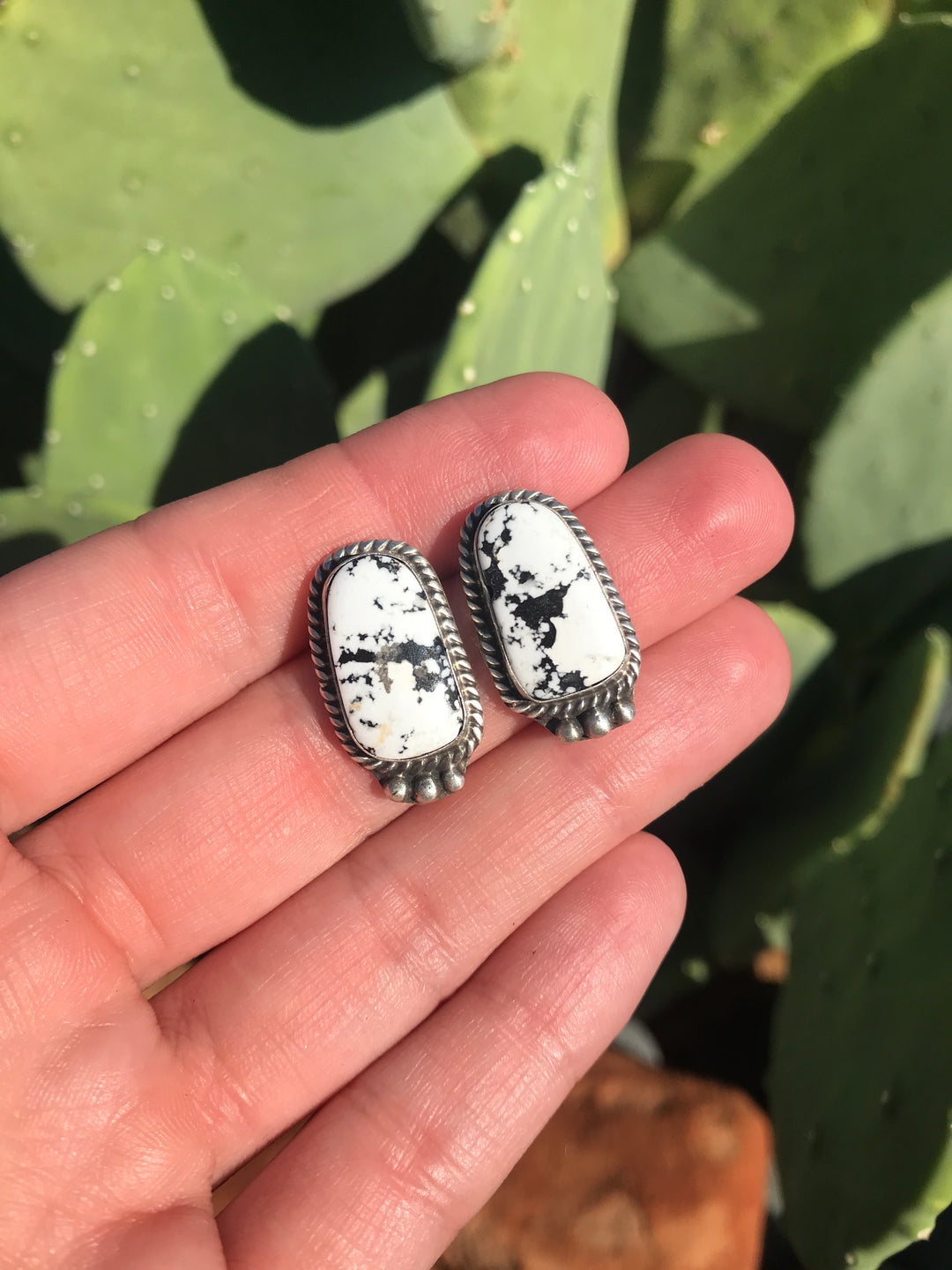 The White Buffalo Studs, 11-Earrings-Calli Co., Turquoise and Silver Jewelry, Native American Handmade, Zuni Tribe, Navajo Tribe, Brock Texas