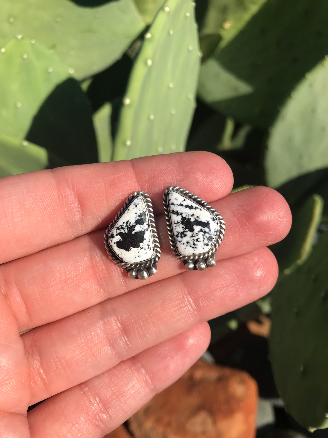 The White Buffalo Studs, 10-Earrings-Calli Co., Turquoise and Silver Jewelry, Native American Handmade, Zuni Tribe, Navajo Tribe, Brock Texas