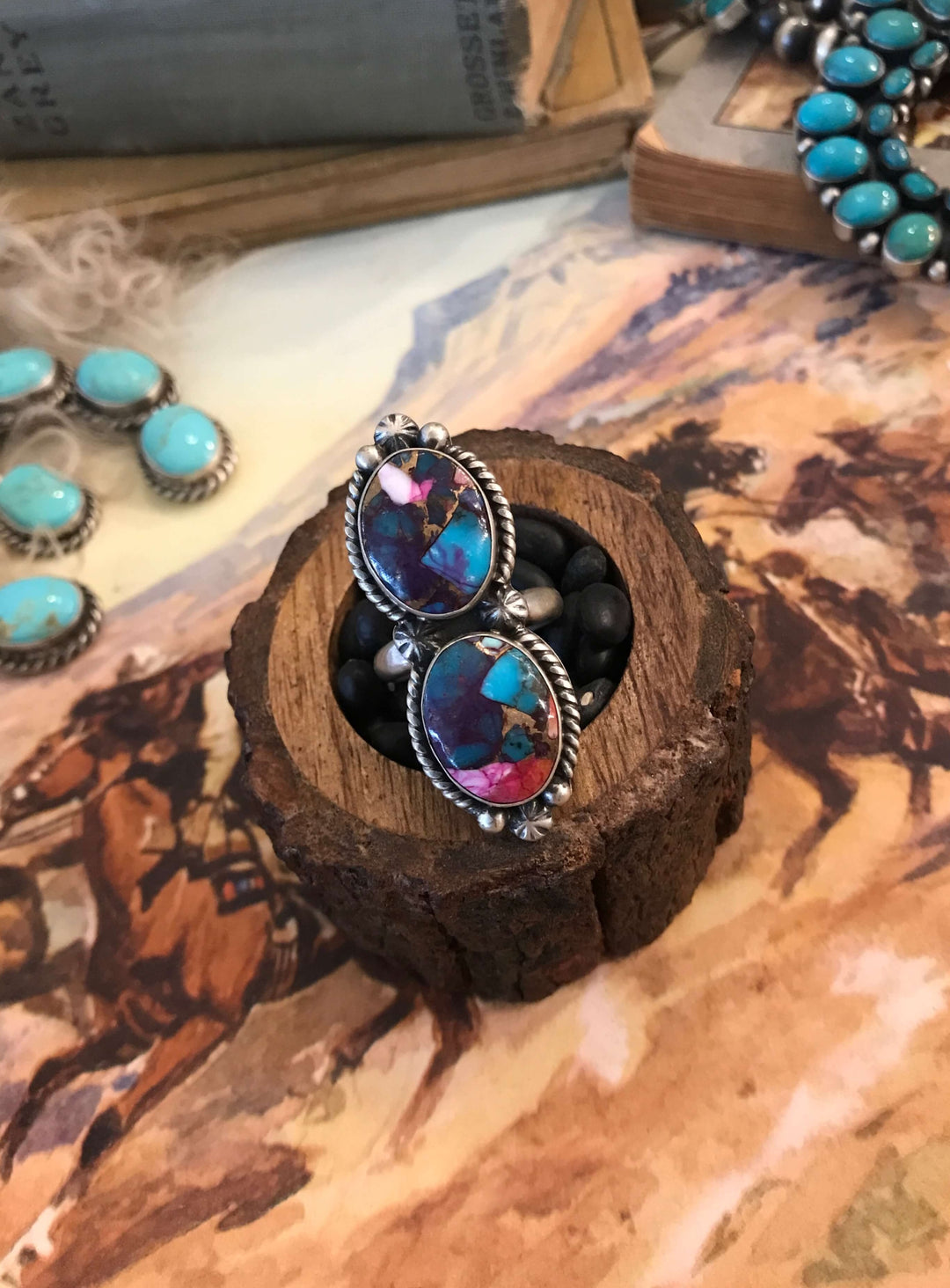 The Double Stone Adjustable Ring, 6-Rings-Calli Co., Turquoise and Silver Jewelry, Native American Handmade, Zuni Tribe, Navajo Tribe, Brock Texas