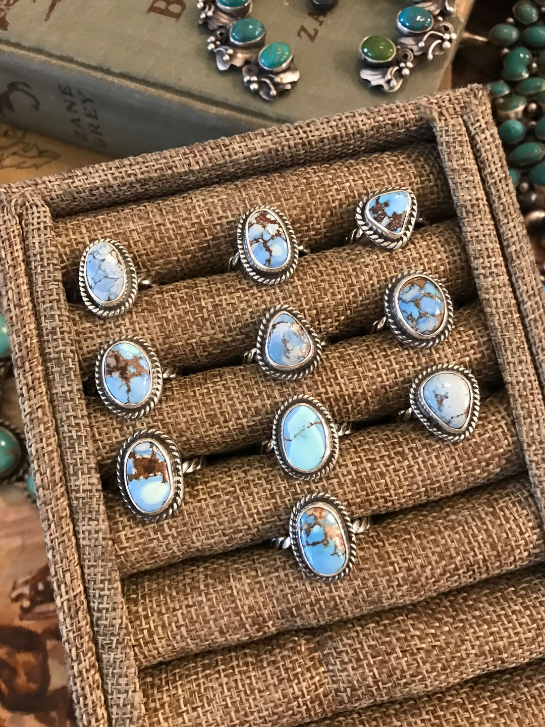 The Waco Rings in Golden Hills-Rings-Calli Co., Turquoise and Silver Jewelry, Native American Handmade, Zuni Tribe, Navajo Tribe, Brock Texas