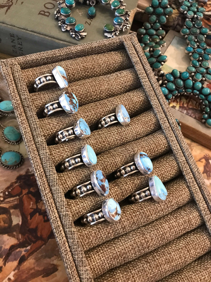 The Zinnia Rings in Golden Hills-Rings-Calli Co., Turquoise and Silver Jewelry, Native American Handmade, Zuni Tribe, Navajo Tribe, Brock Texas