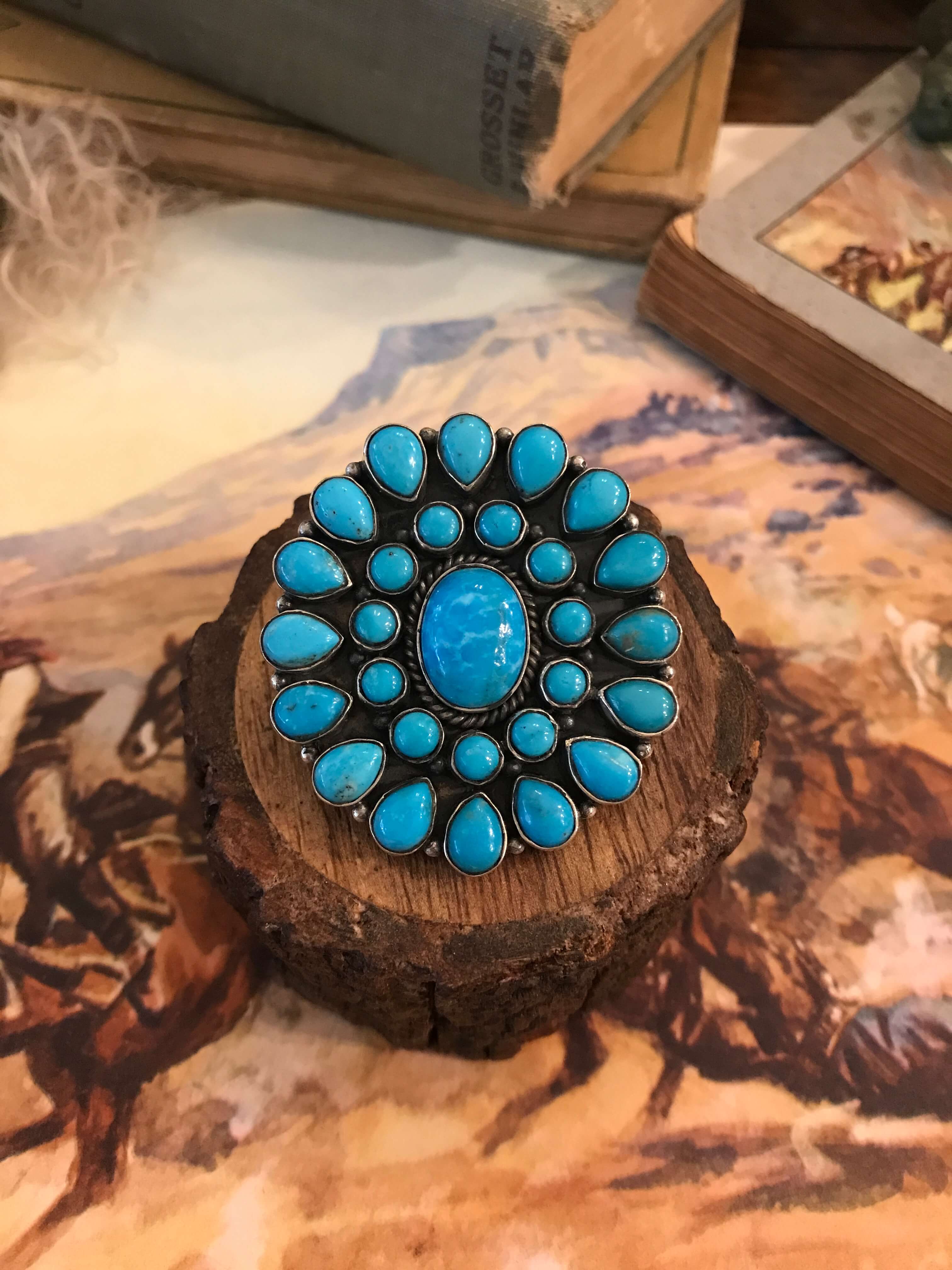 The Vanderbilt Turquoise Cluster Ring 3, Sz 6.5-Rings-Calli Co., Turquoise and Silver Jewelry, Native American Handmade, Zuni Tribe, Navajo Tribe, Brock Texas