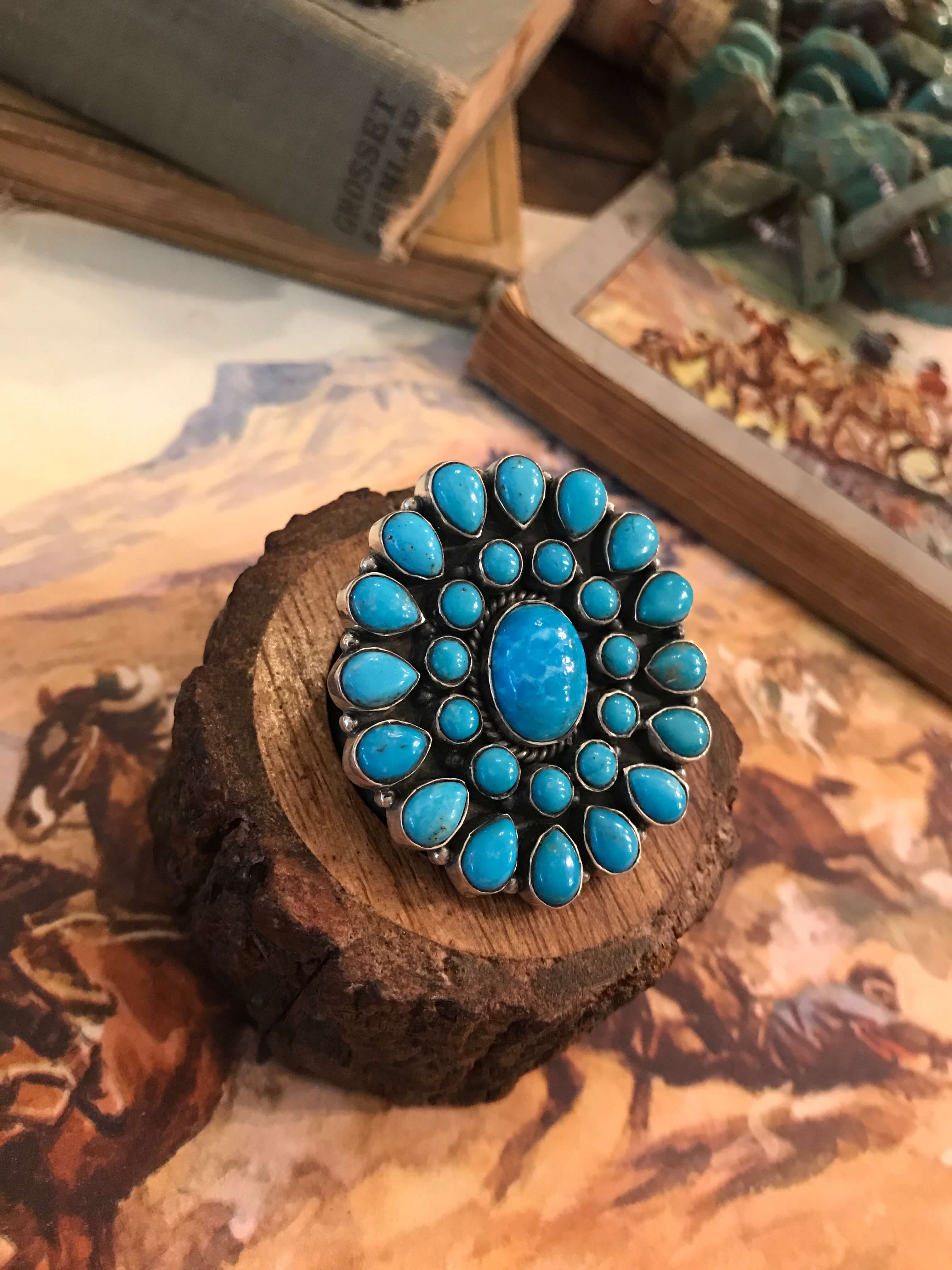 The Vanderbilt Turquoise Cluster Ring 3, Sz 6.5-Rings-Calli Co., Turquoise and Silver Jewelry, Native American Handmade, Zuni Tribe, Navajo Tribe, Brock Texas