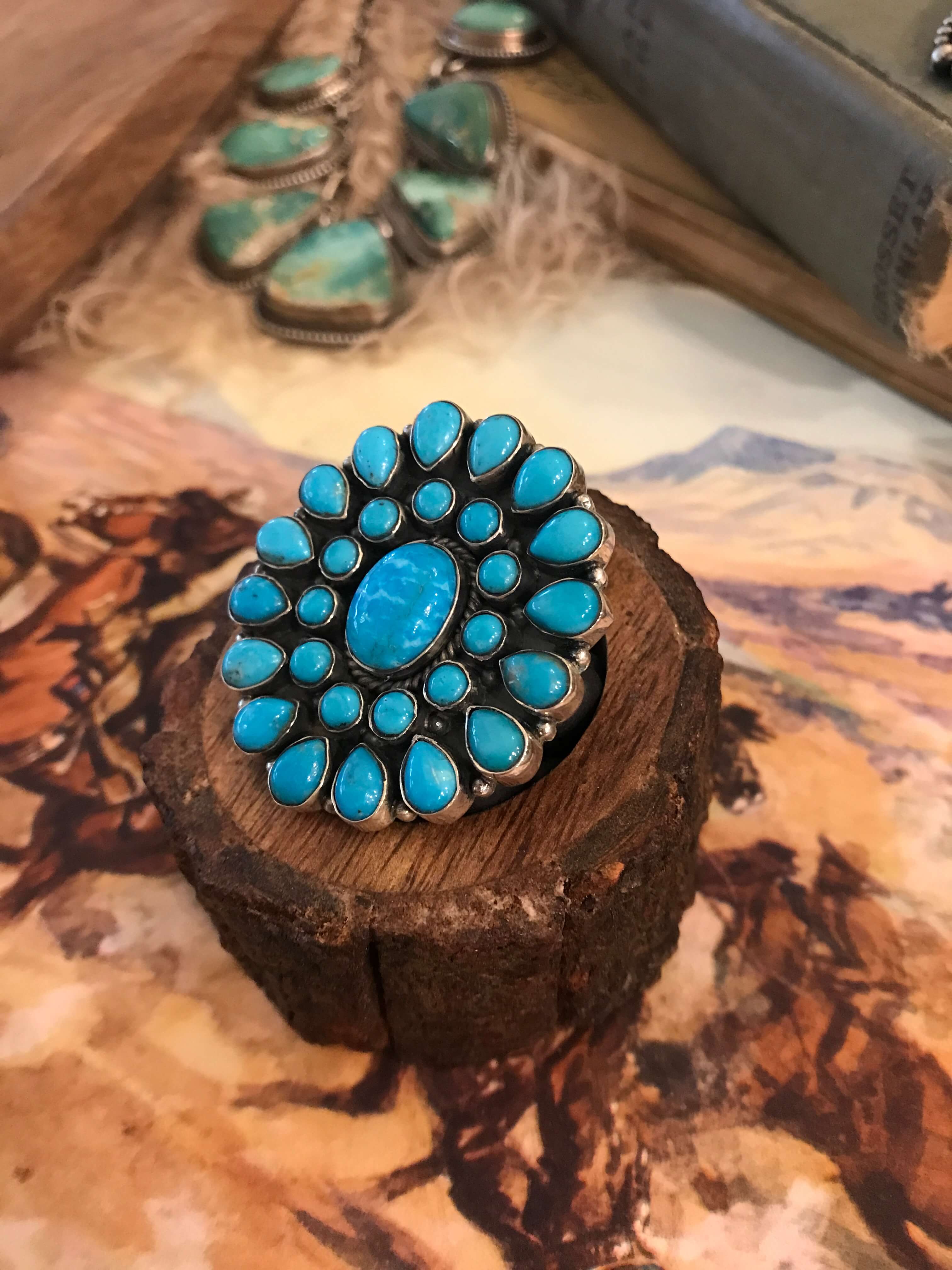 The Vanderbilt Turquoise Cluster Ring 3, Sz 6.5-Rings-Calli Co., Turquoise and Silver Jewelry, Native American Handmade, Zuni Tribe, Navajo Tribe, Brock Texas