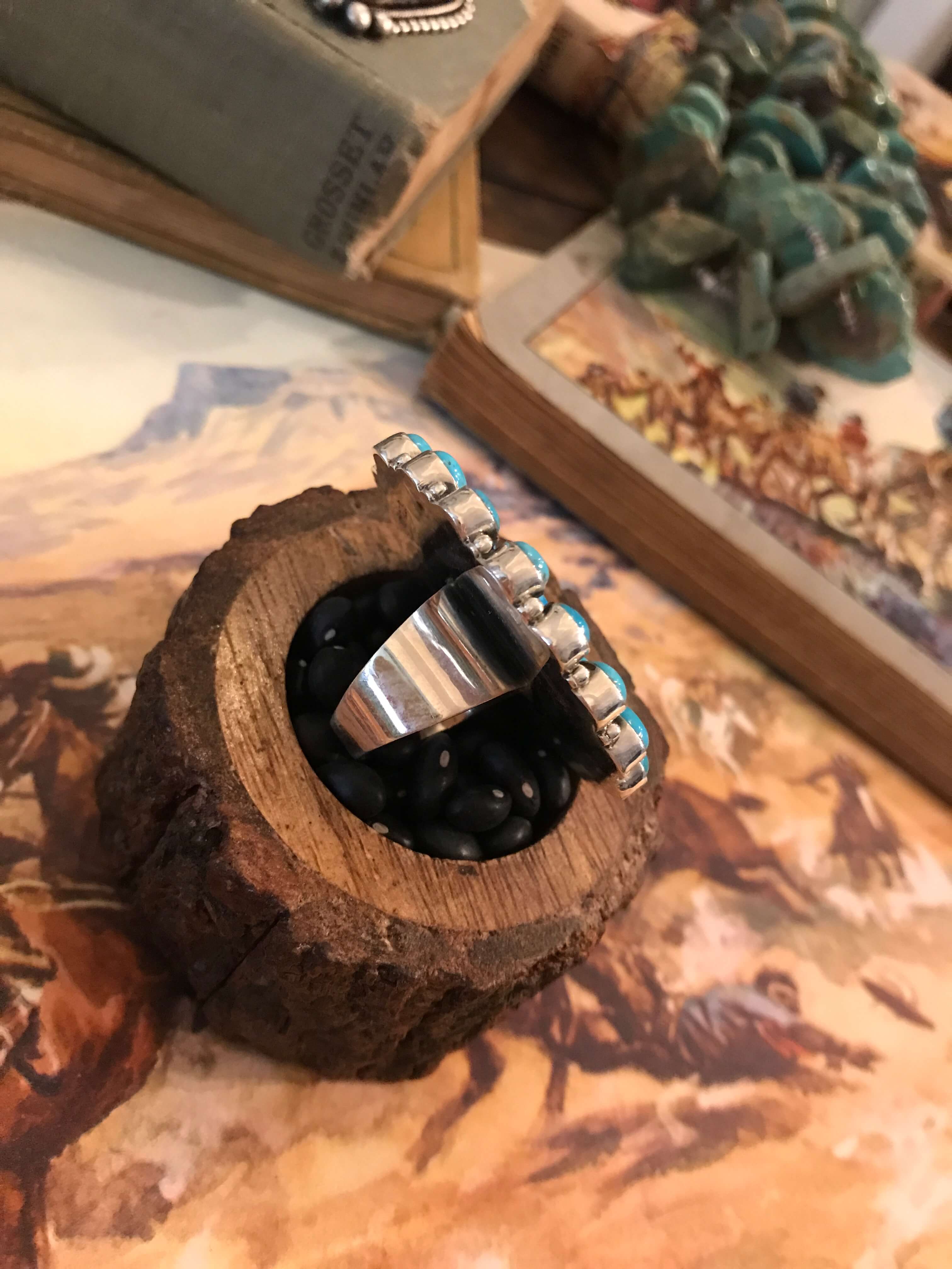 The Vanderbilt Turquoise Cluster Ring 3, Sz 6.5-Rings-Calli Co., Turquoise and Silver Jewelry, Native American Handmade, Zuni Tribe, Navajo Tribe, Brock Texas