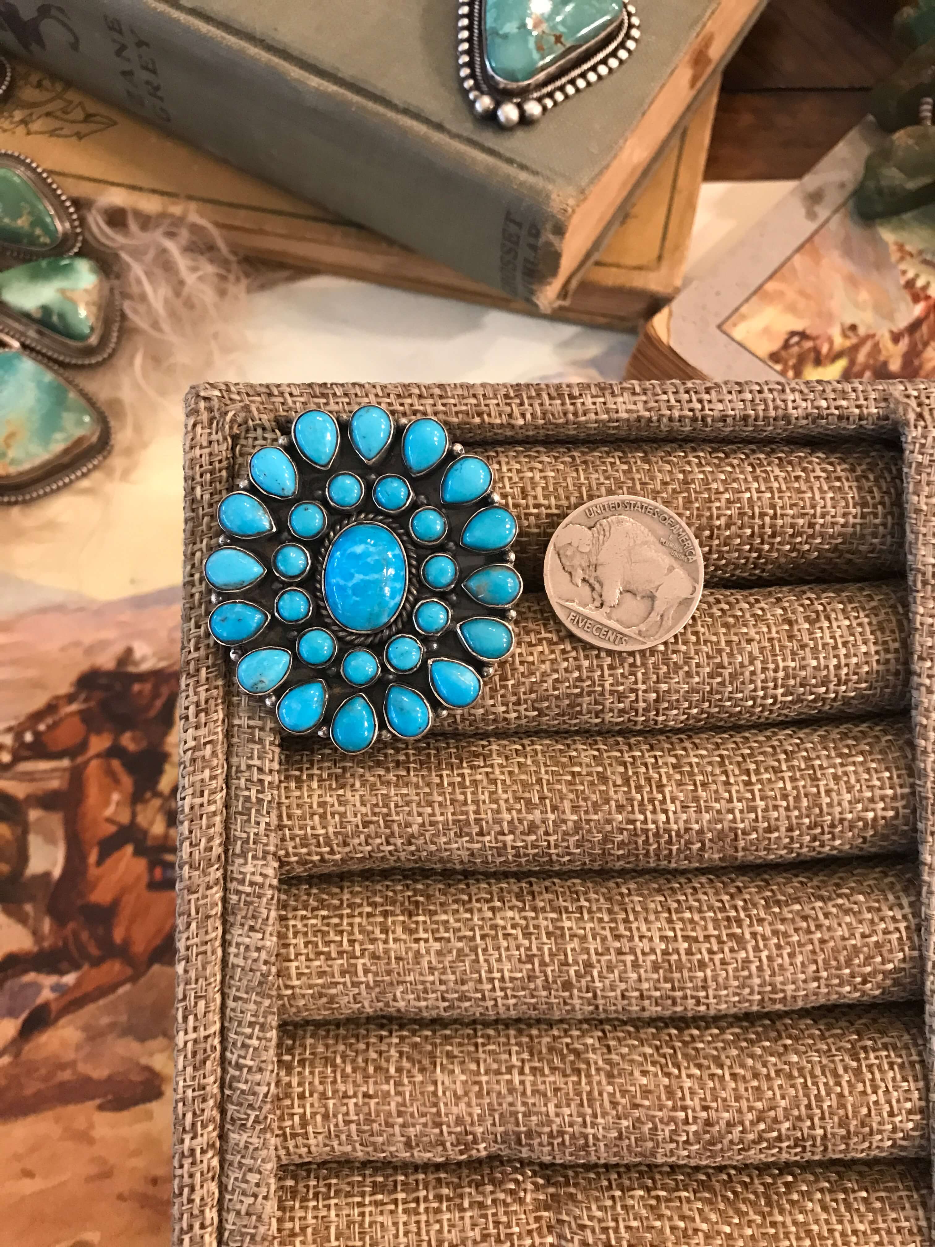 The Vanderbilt Turquoise Cluster Ring 3, Sz 6.5-Rings-Calli Co., Turquoise and Silver Jewelry, Native American Handmade, Zuni Tribe, Navajo Tribe, Brock Texas