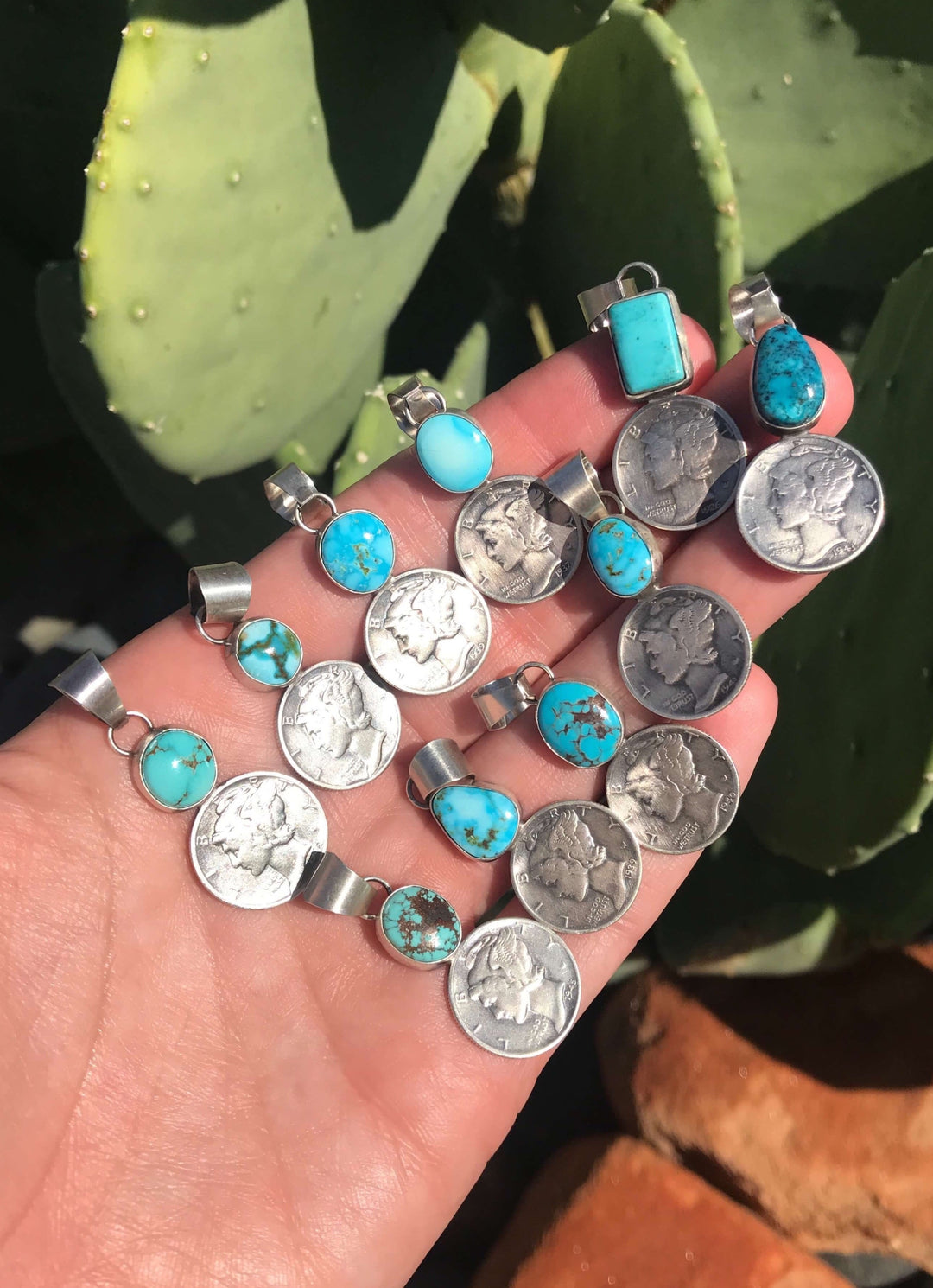 The Dime Pendants in Turquoise-Pendants-Calli Co., Turquoise and Silver Jewelry, Native American Handmade, Zuni Tribe, Navajo Tribe, Brock Texas