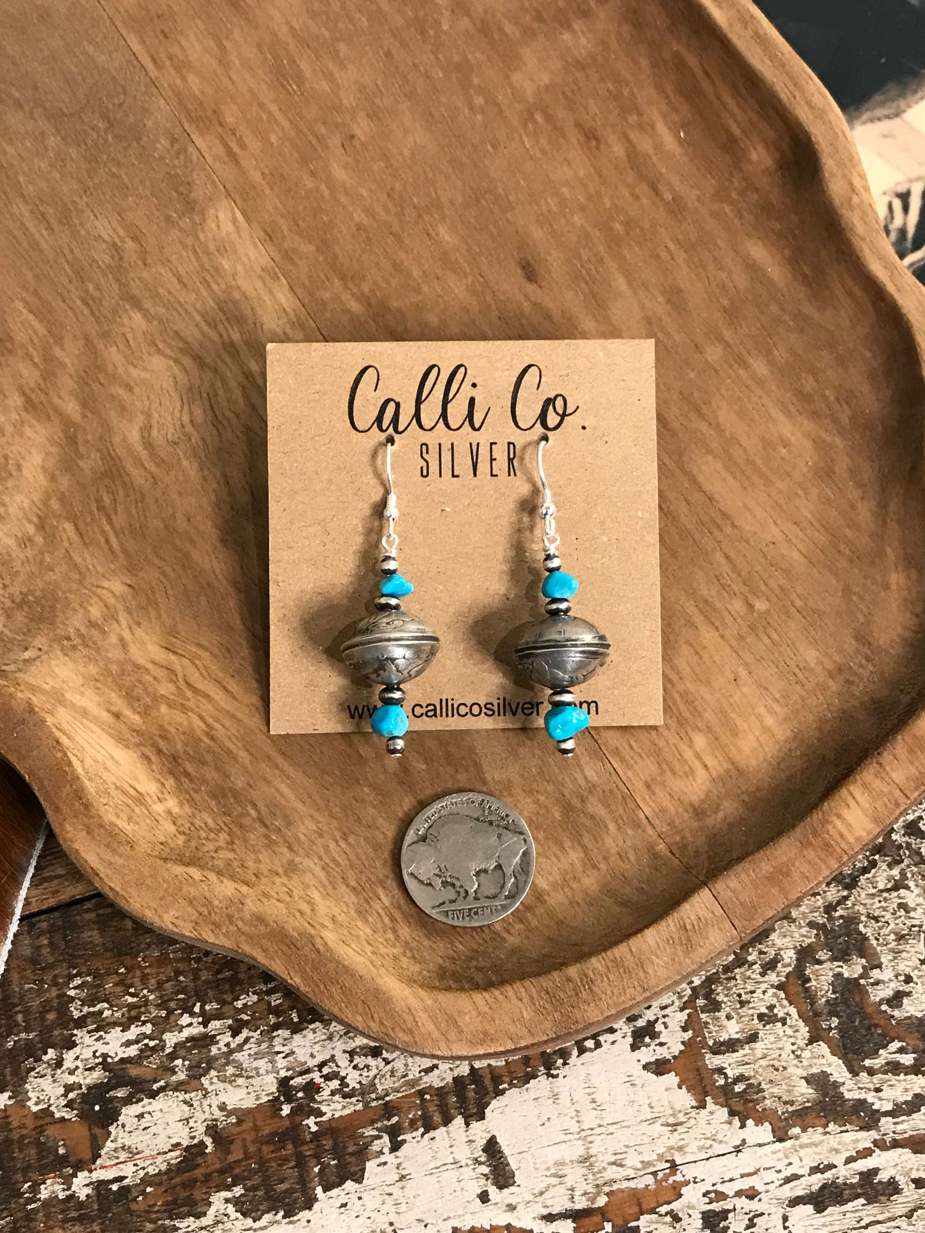 The Nugget & Dime Earrings-Earrings-Calli Co., Turquoise and Silver Jewelry, Native American Handmade, Zuni Tribe, Navajo Tribe, Brock Texas