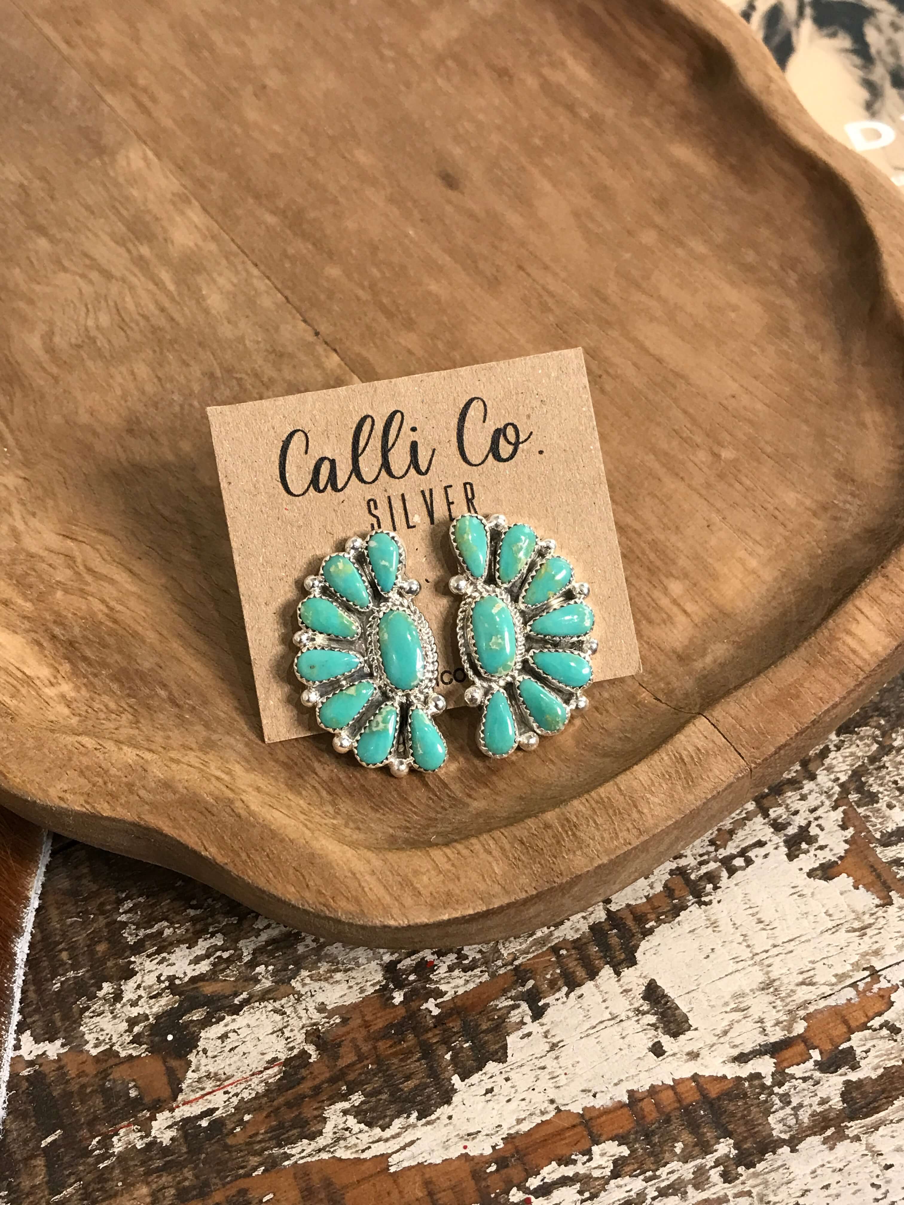 The Woodson Half Cluster Earrings, 2-Earrings-Calli Co., Turquoise and Silver Jewelry, Native American Handmade, Zuni Tribe, Navajo Tribe, Brock Texas