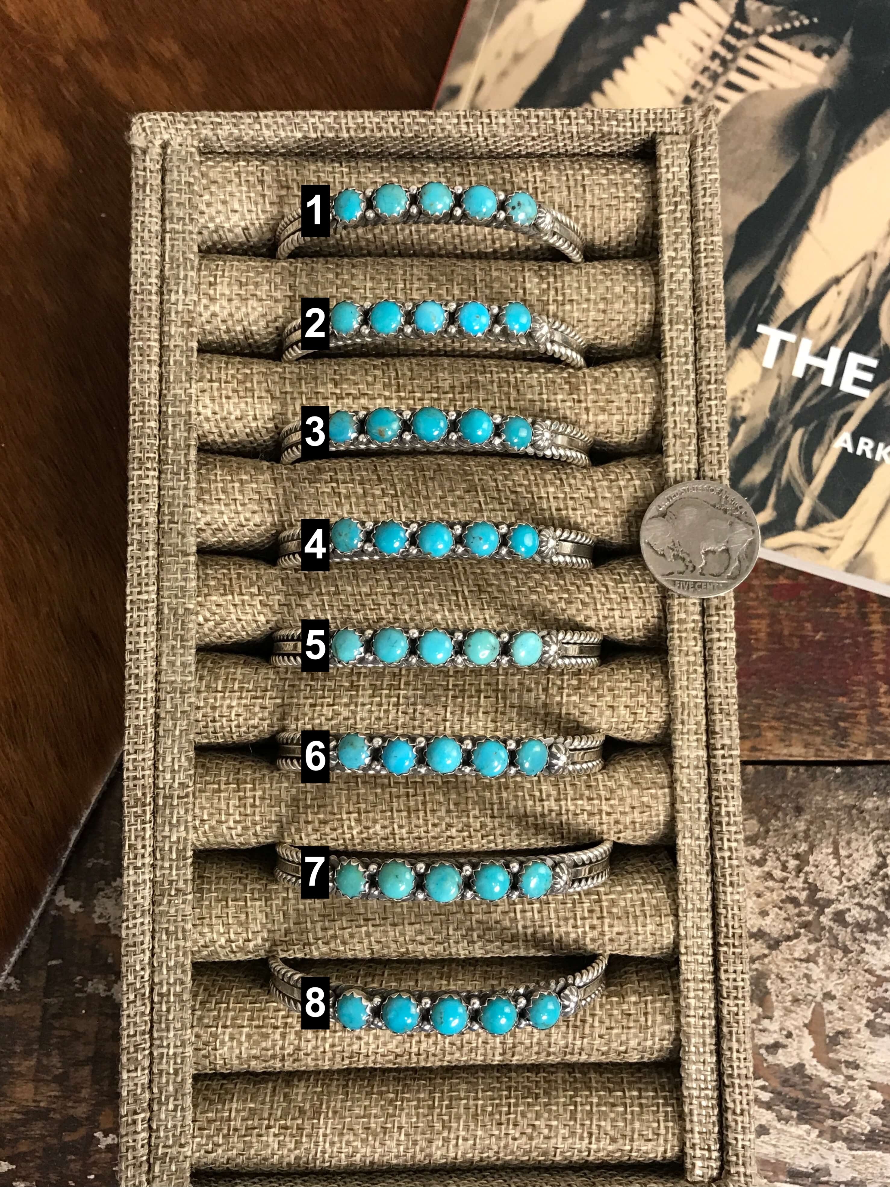 The San Miguel 5 Stone Turquoise Cuffs-Bracelets & Cuffs-Calli Co., Turquoise and Silver Jewelry, Native American Handmade, Zuni Tribe, Navajo Tribe, Brock Texas