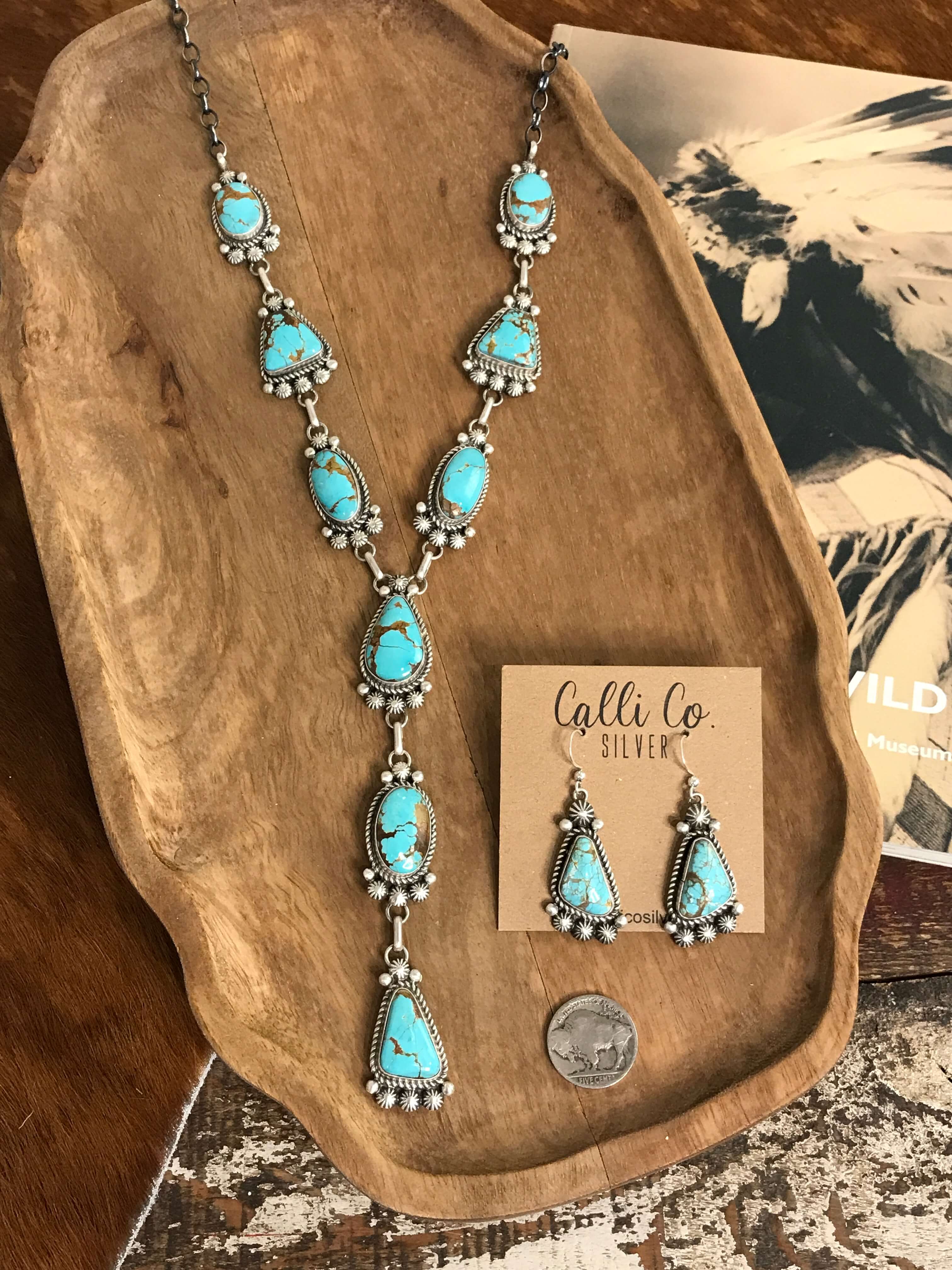 The Andie Turquoise Lariat Necklace Set-Necklaces-Calli Co., Turquoise and Silver Jewelry, Native American Handmade, Zuni Tribe, Navajo Tribe, Brock Texas