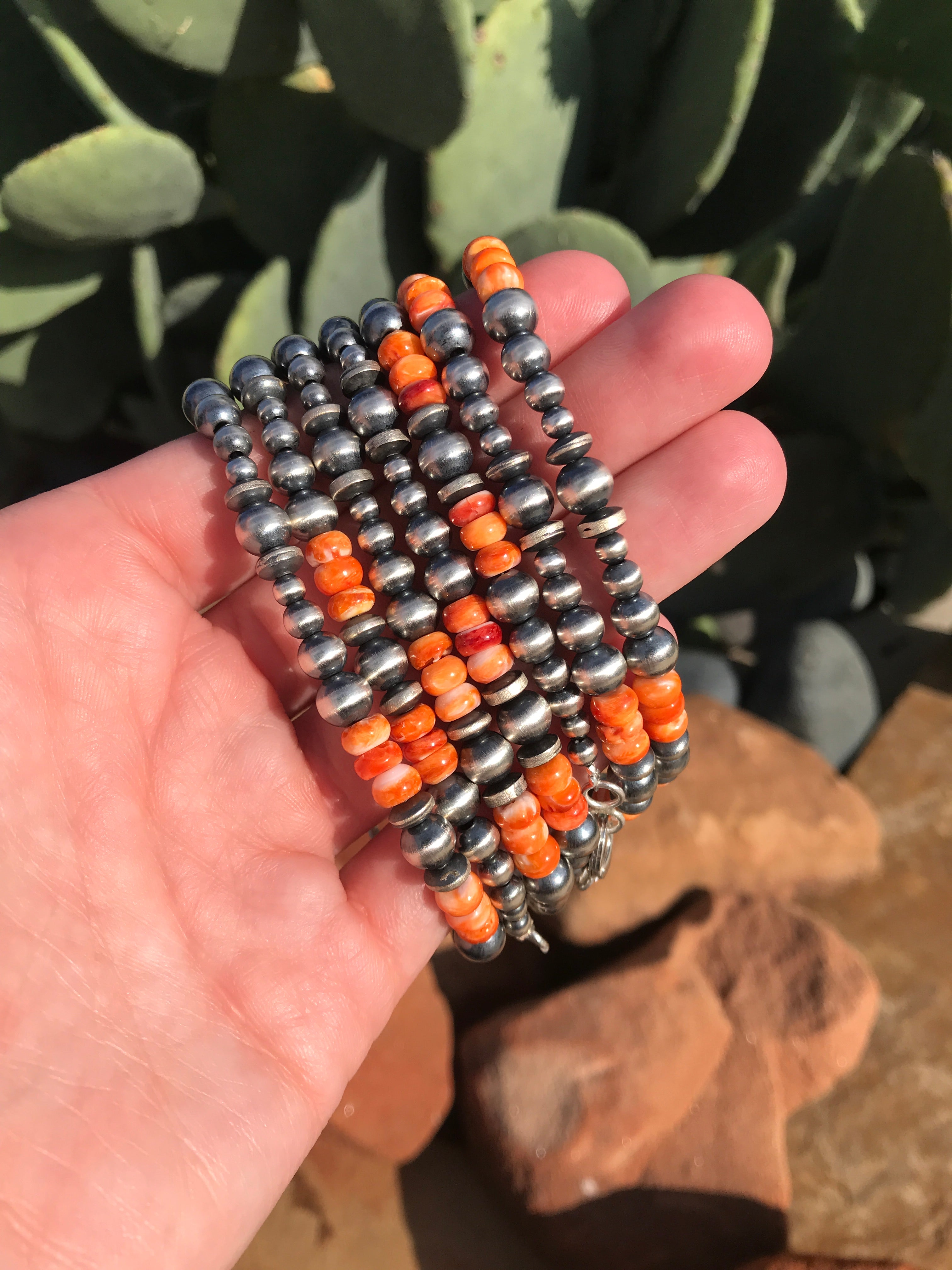 The Telluride Bracelet in Orange Spiny-Bracelets & Cuffs-Calli Co., Turquoise and Silver Jewelry, Native American Handmade, Zuni Tribe, Navajo Tribe, Brock Texas