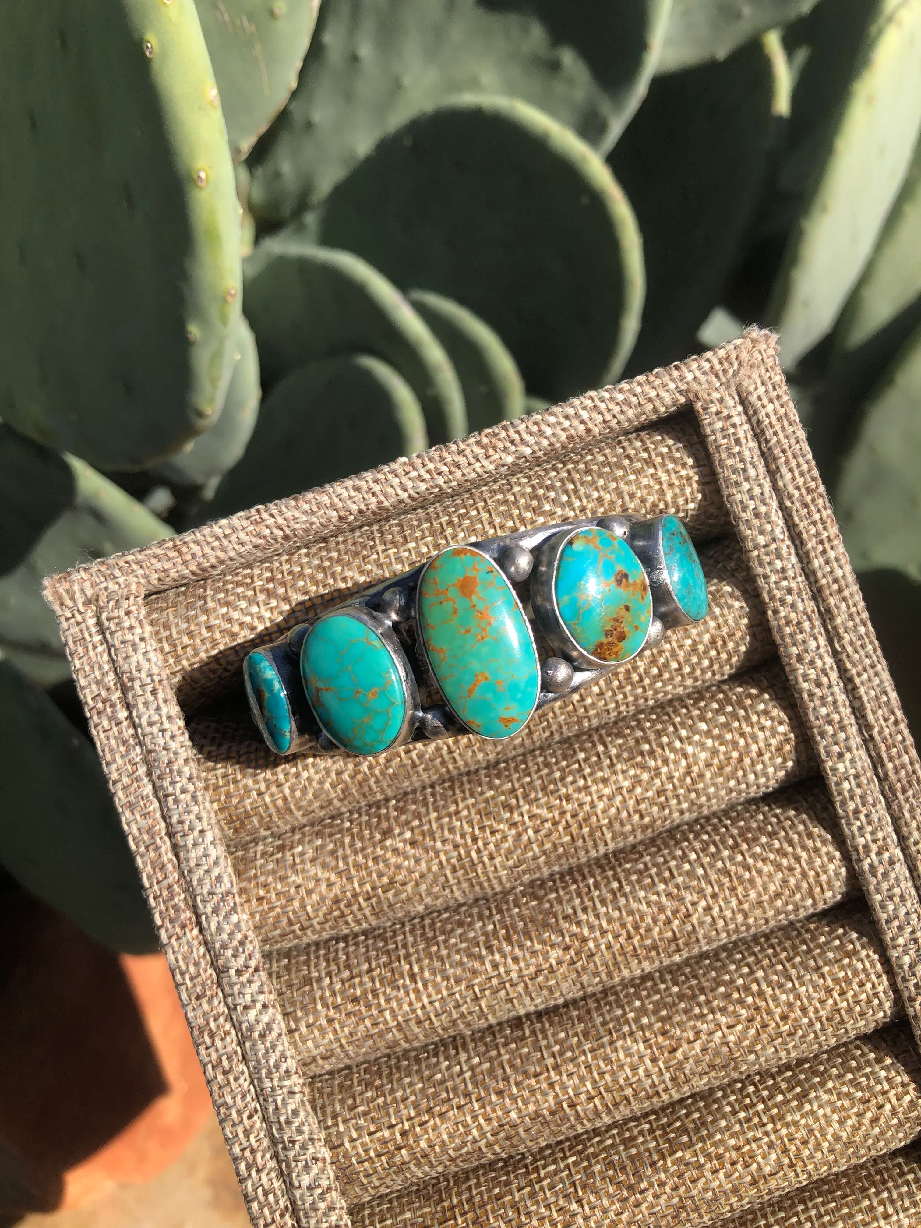 The 5 Stone Turquoise Cuff, 3-Bracelets & Cuffs-Calli Co., Turquoise and Silver Jewelry, Native American Handmade, Zuni Tribe, Navajo Tribe, Brock Texas