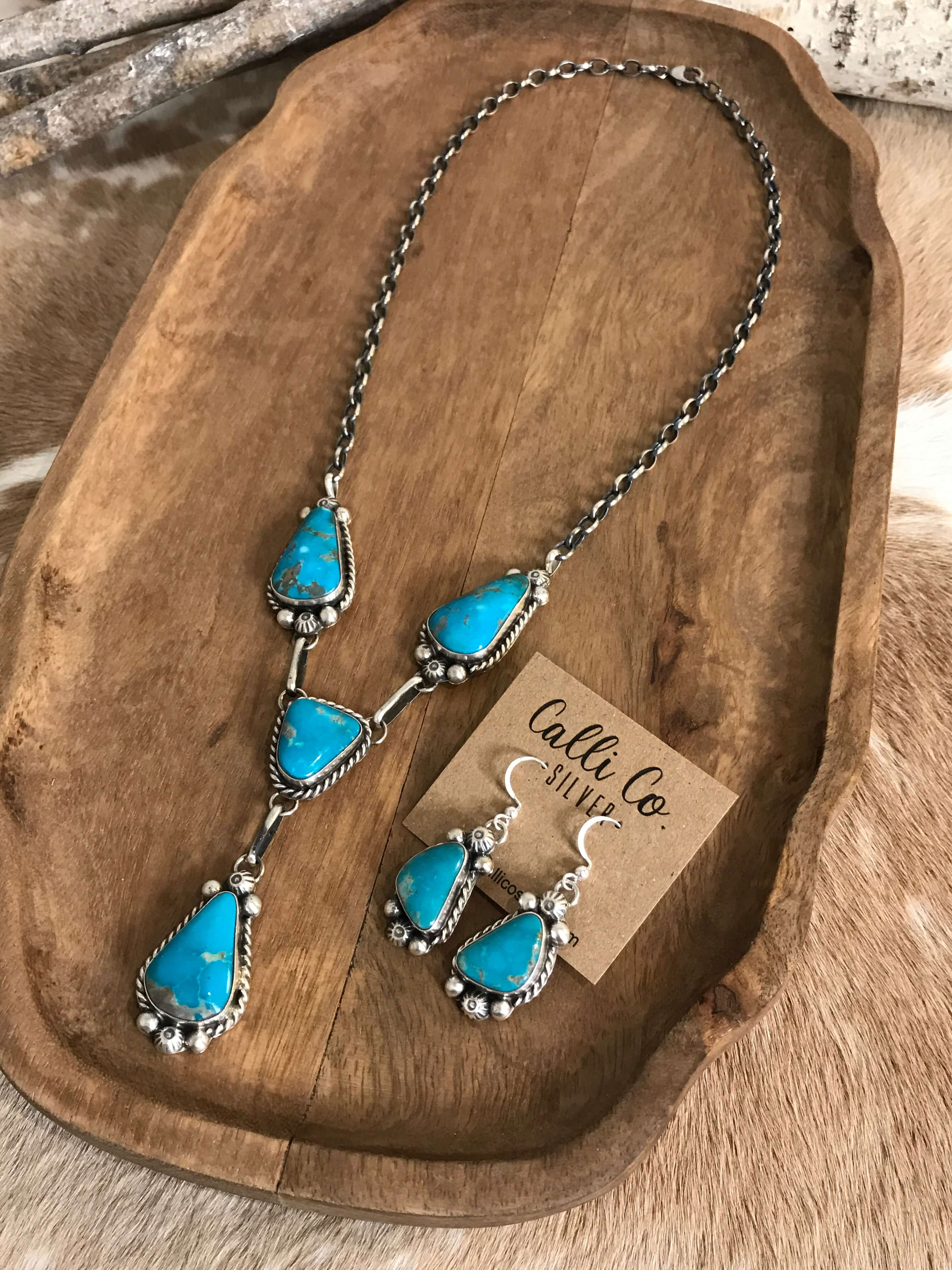 The Copeland Lariat Necklace Set, 24-Necklaces-Calli Co., Turquoise and Silver Jewelry, Native American Handmade, Zuni Tribe, Navajo Tribe, Brock Texas