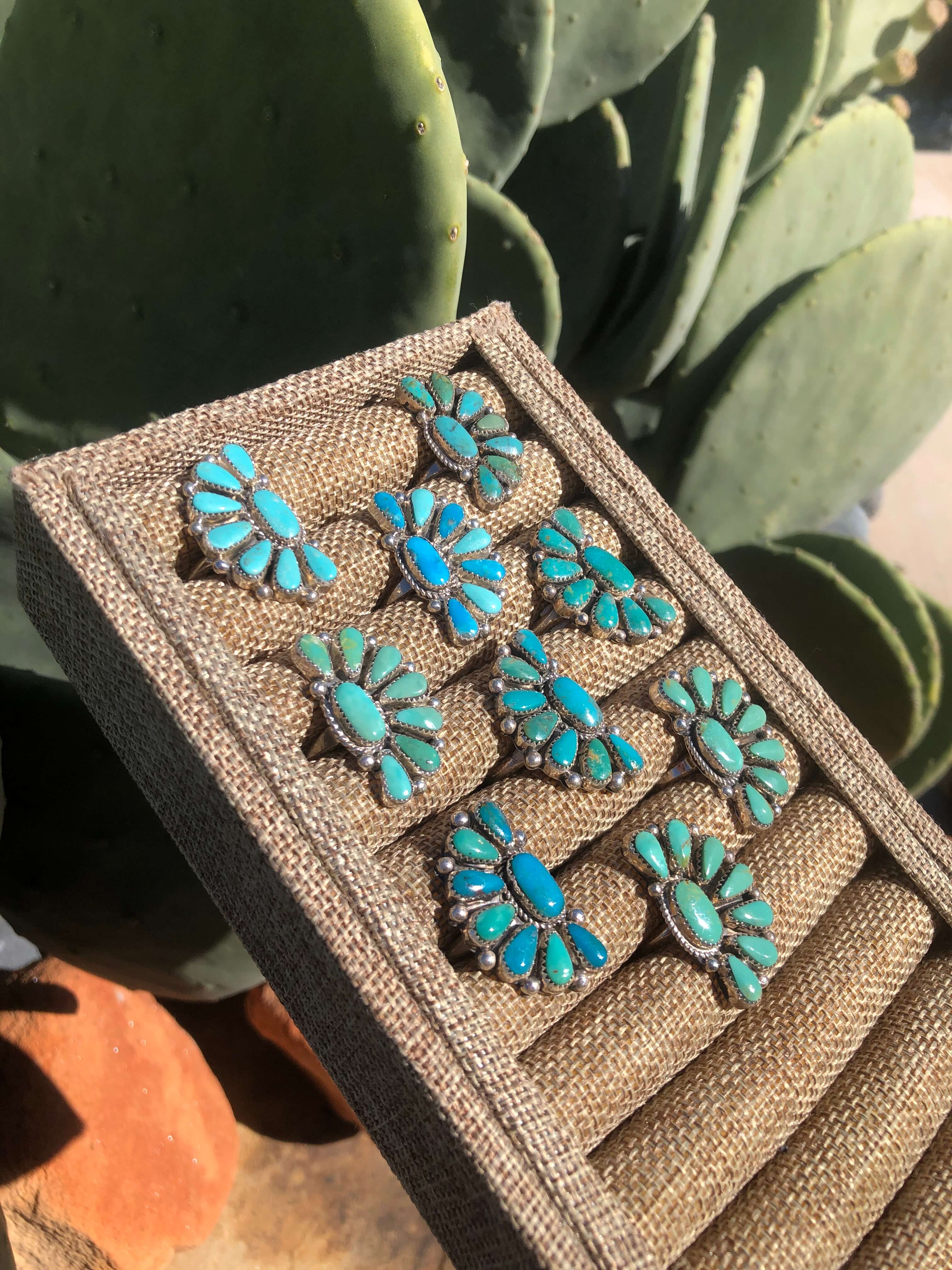 The Woods Adjustable Turquoise Cluster Rings-Rings-Calli Co., Turquoise and Silver Jewelry, Native American Handmade, Zuni Tribe, Navajo Tribe, Brock Texas