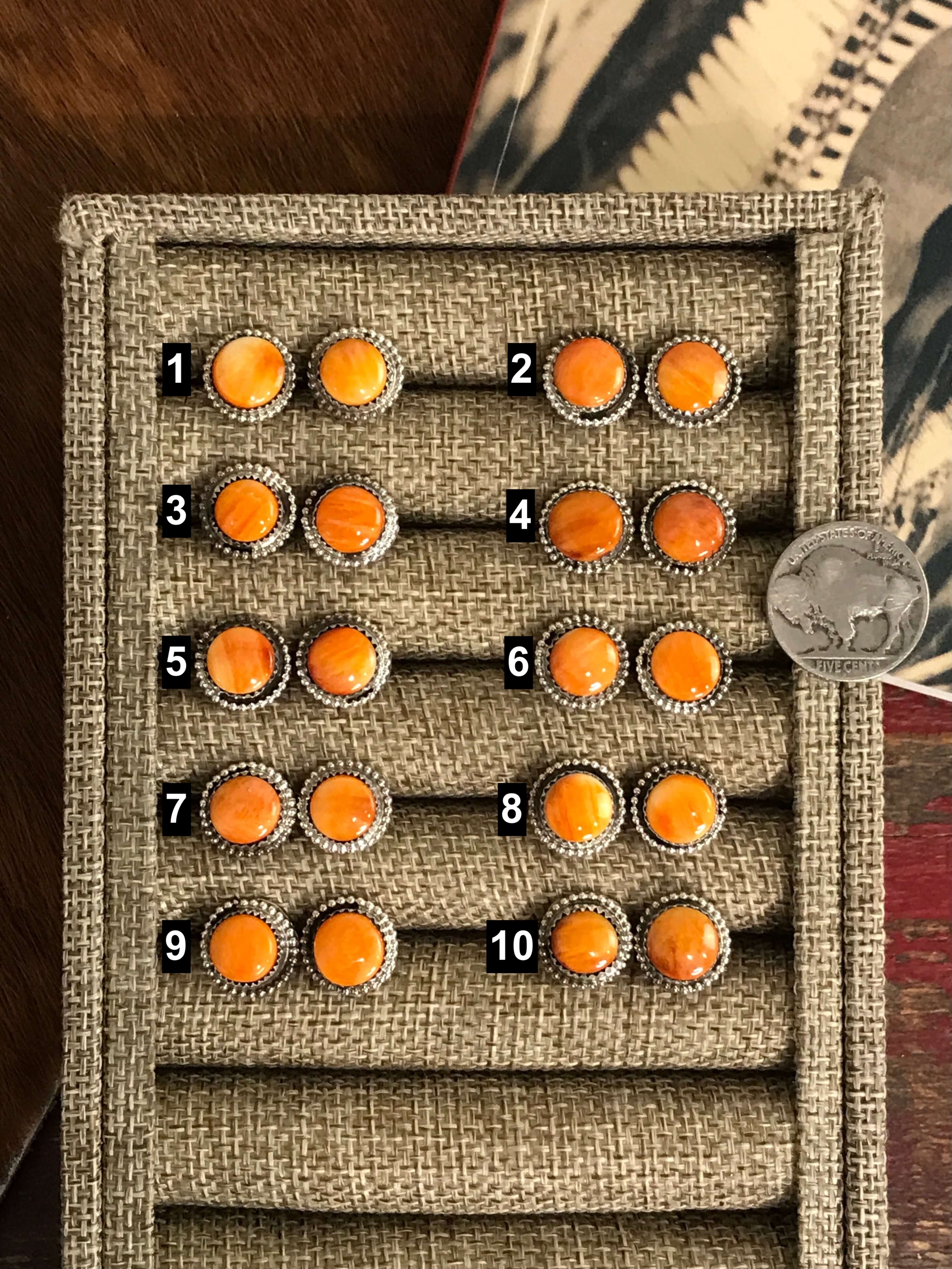 The Petite Orange Spiny Studs-Earrings-Calli Co., Turquoise and Silver Jewelry, Native American Handmade, Zuni Tribe, Navajo Tribe, Brock Texas