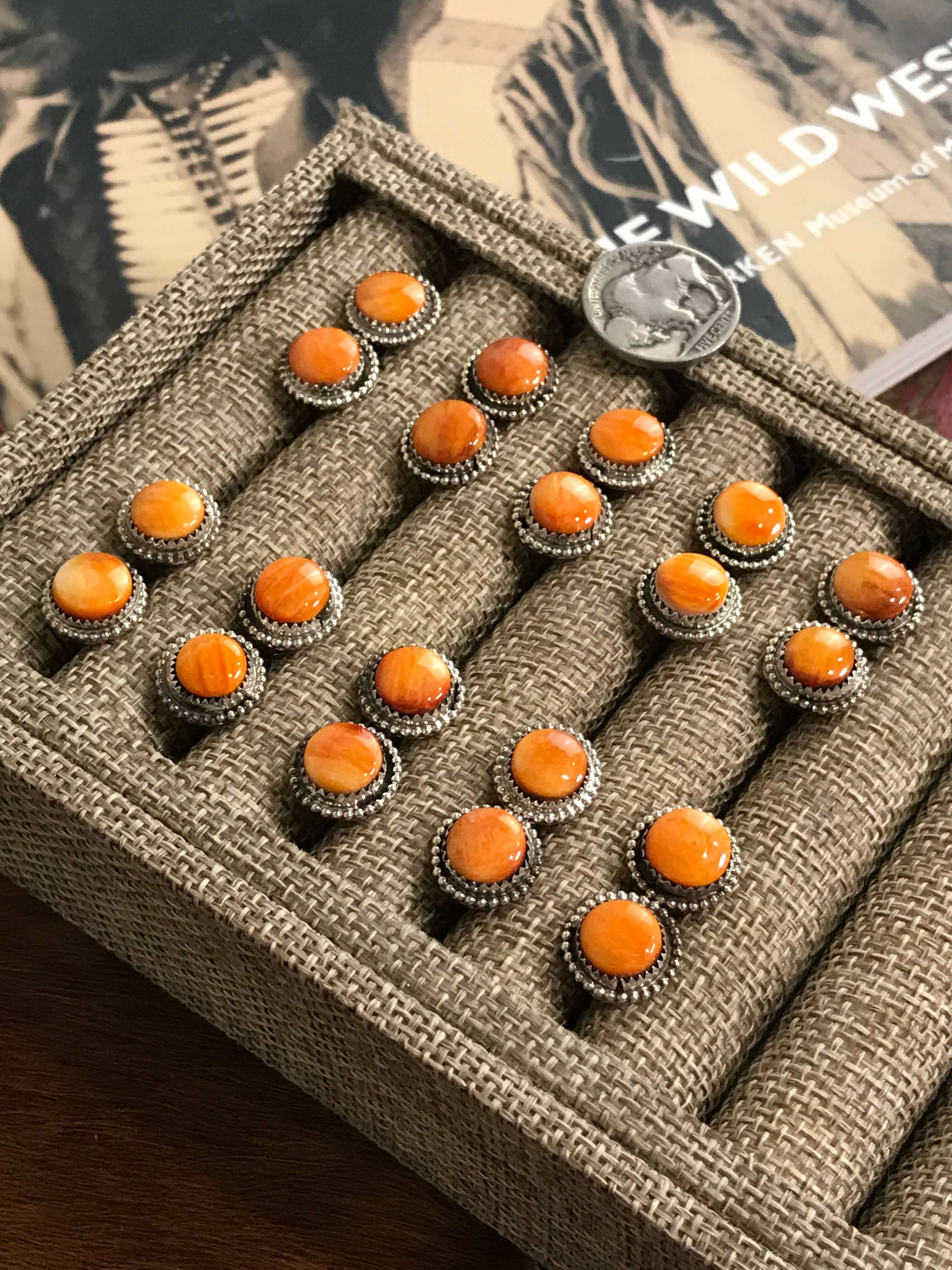 The Petite Orange Spiny Studs-Earrings-Calli Co., Turquoise and Silver Jewelry, Native American Handmade, Zuni Tribe, Navajo Tribe, Brock Texas