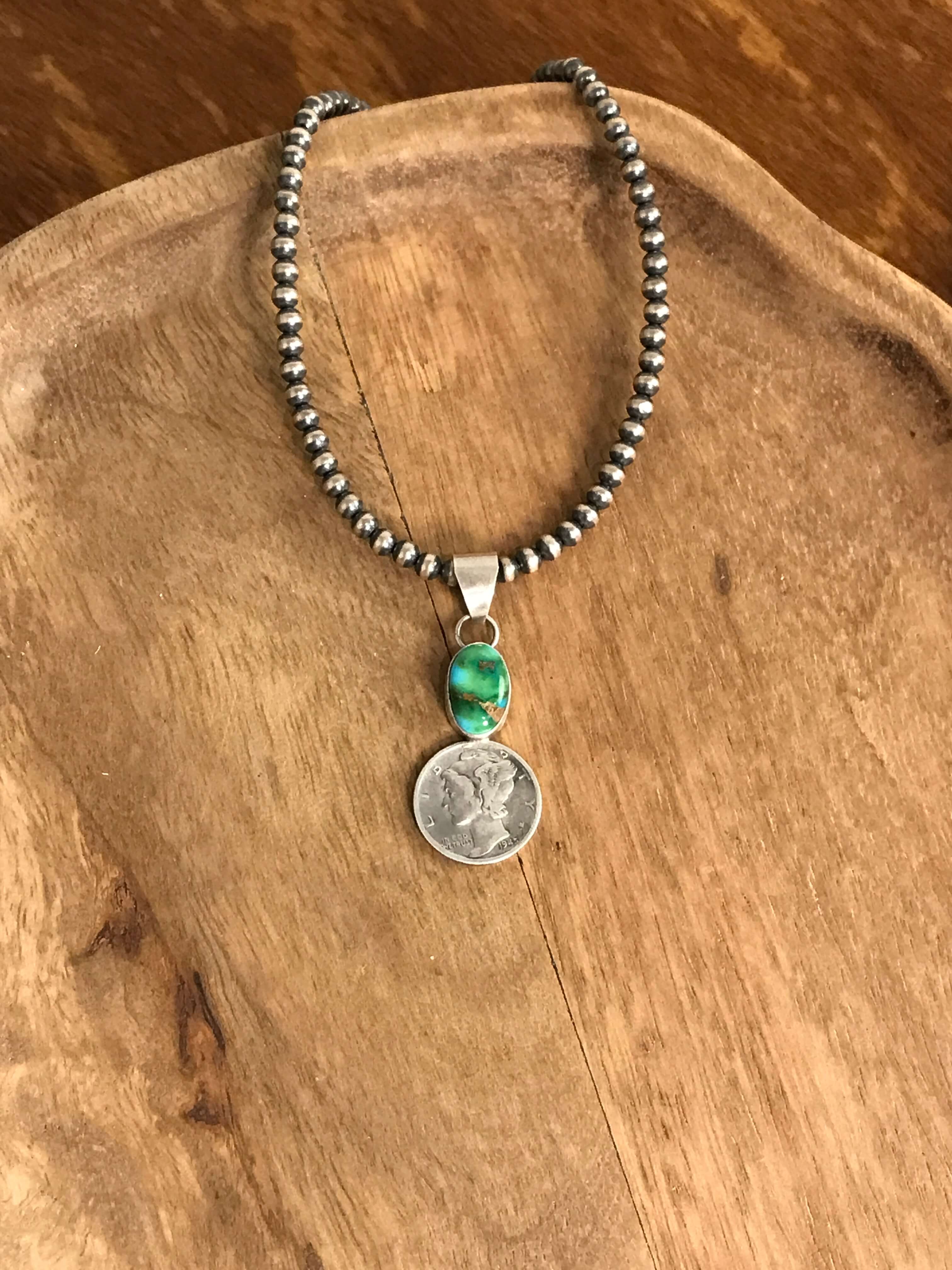 The Dime Pendant in Turquoise-Pendants-Calli Co., Turquoise and Silver Jewelry, Native American Handmade, Zuni Tribe, Navajo Tribe, Brock Texas