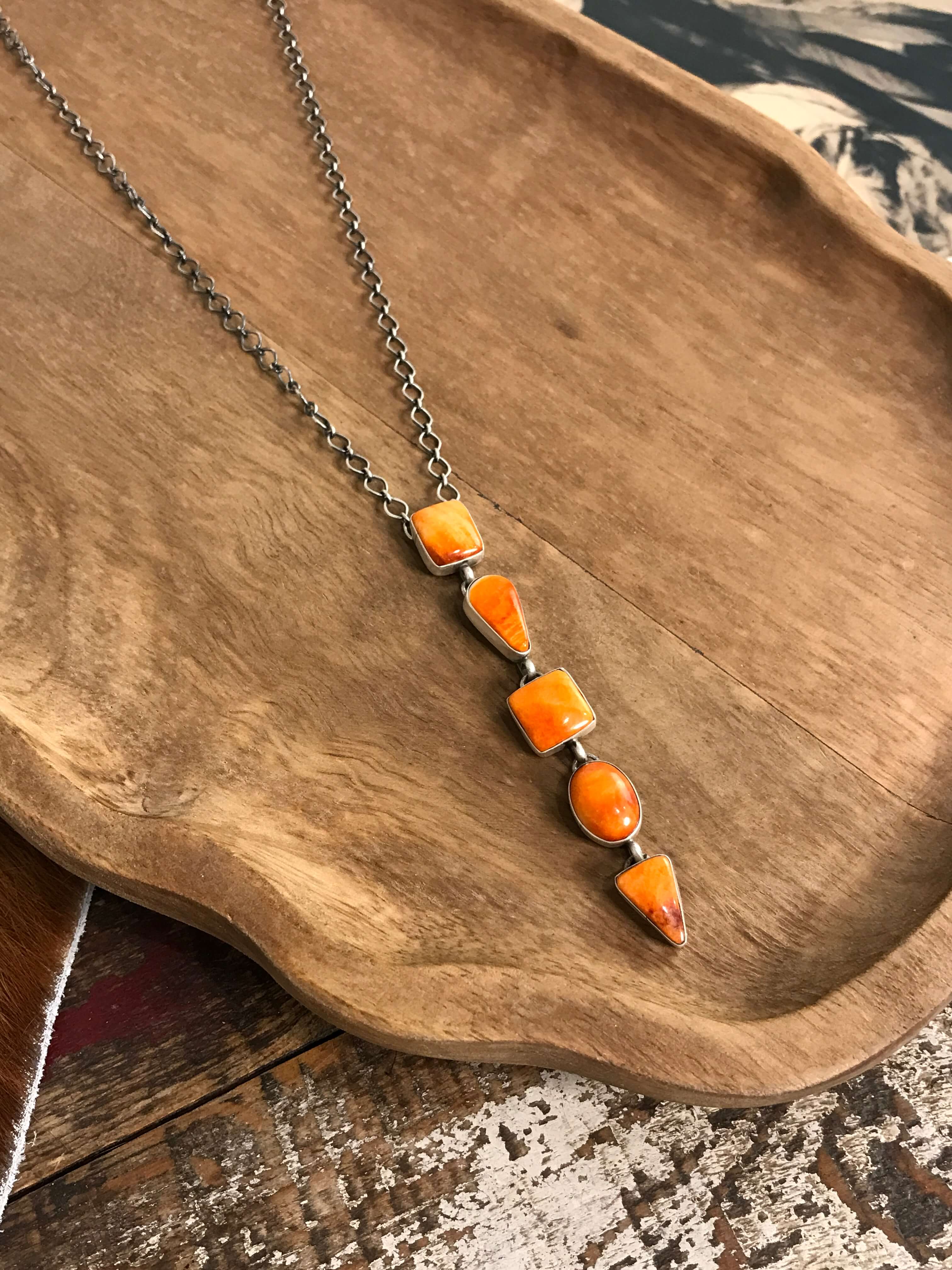 The Arroyo Lariat Necklace in Spiny Oyster, 2-Necklaces-Calli Co., Turquoise and Silver Jewelry, Native American Handmade, Zuni Tribe, Navajo Tribe, Brock Texas