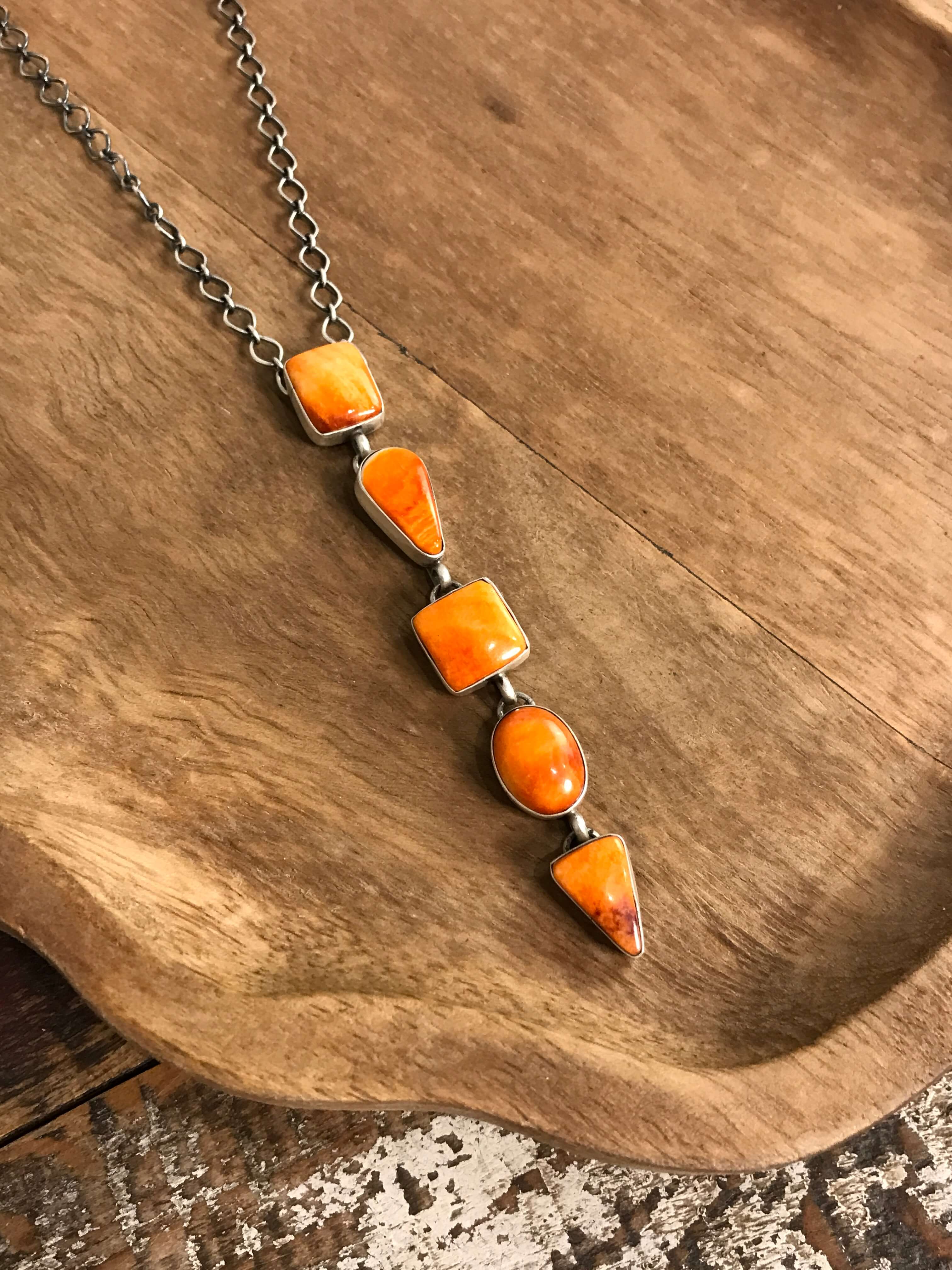 The Arroyo Lariat Necklace in Spiny Oyster, 2-Necklaces-Calli Co., Turquoise and Silver Jewelry, Native American Handmade, Zuni Tribe, Navajo Tribe, Brock Texas