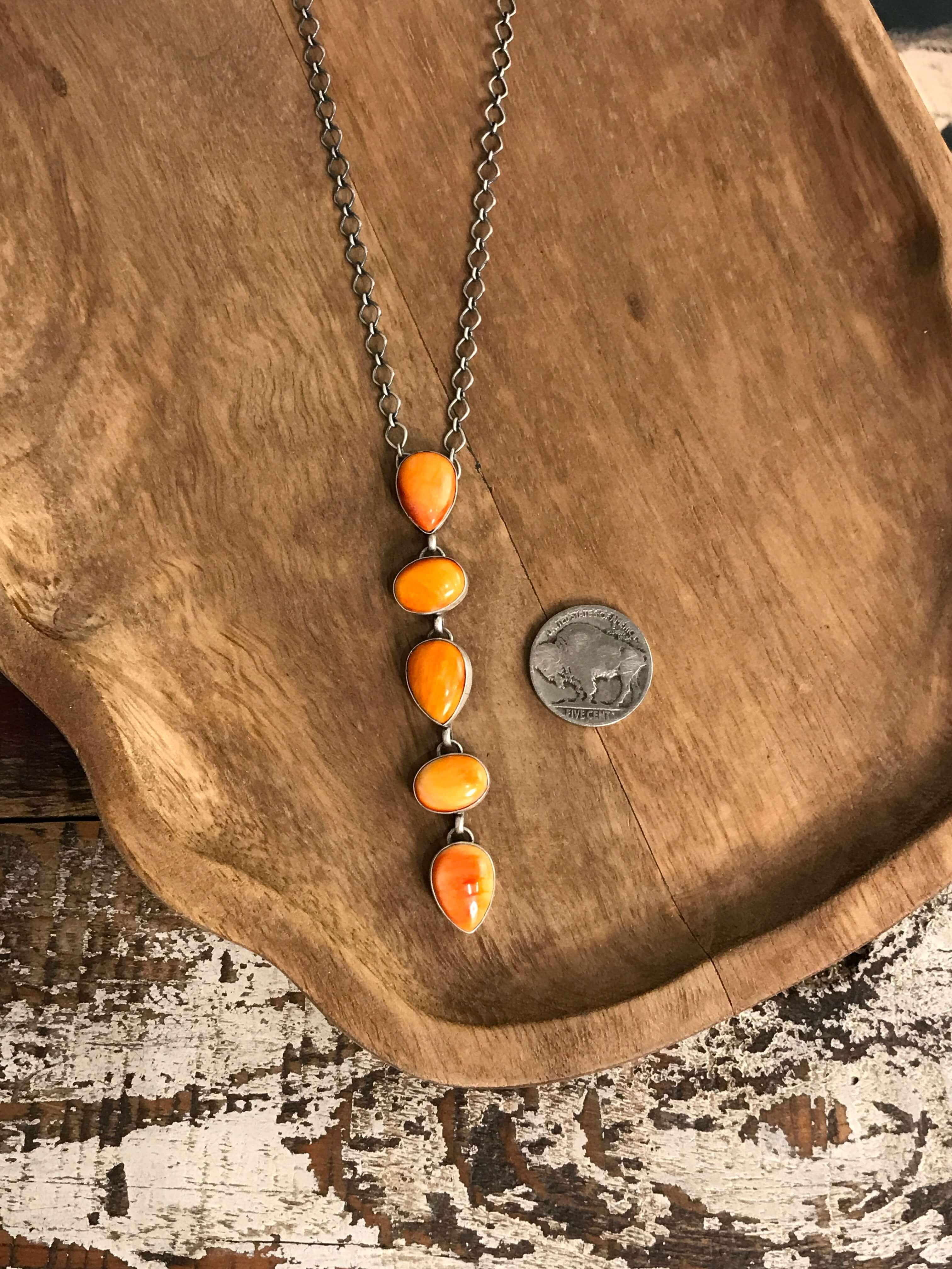 The Arroyo Lariat Necklace in Spiny Oyster, 5-Necklaces-Calli Co., Turquoise and Silver Jewelry, Native American Handmade, Zuni Tribe, Navajo Tribe, Brock Texas