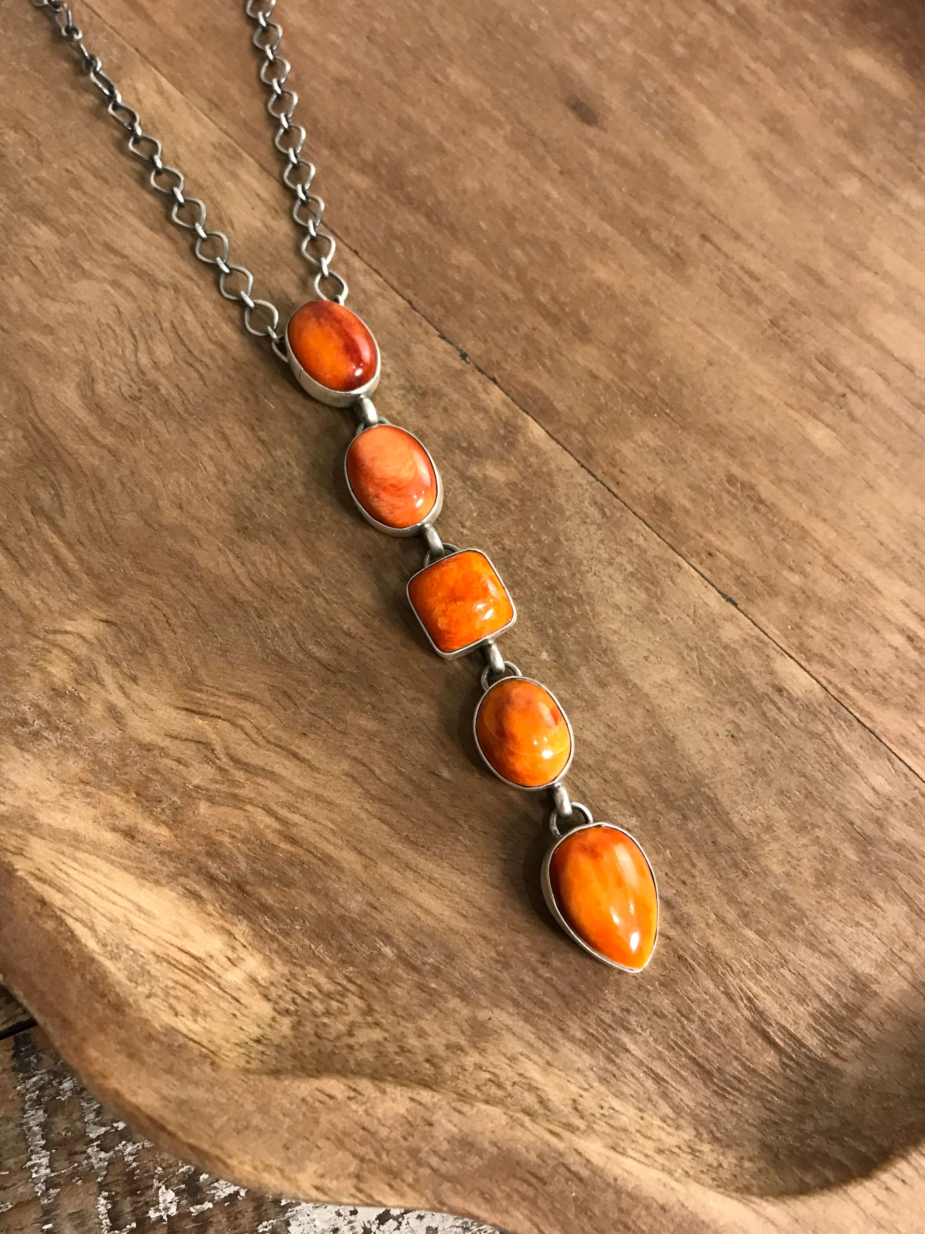 The Arroyo Lariat Necklace in Spiny Oyster, 10-Necklaces-Calli Co., Turquoise and Silver Jewelry, Native American Handmade, Zuni Tribe, Navajo Tribe, Brock Texas