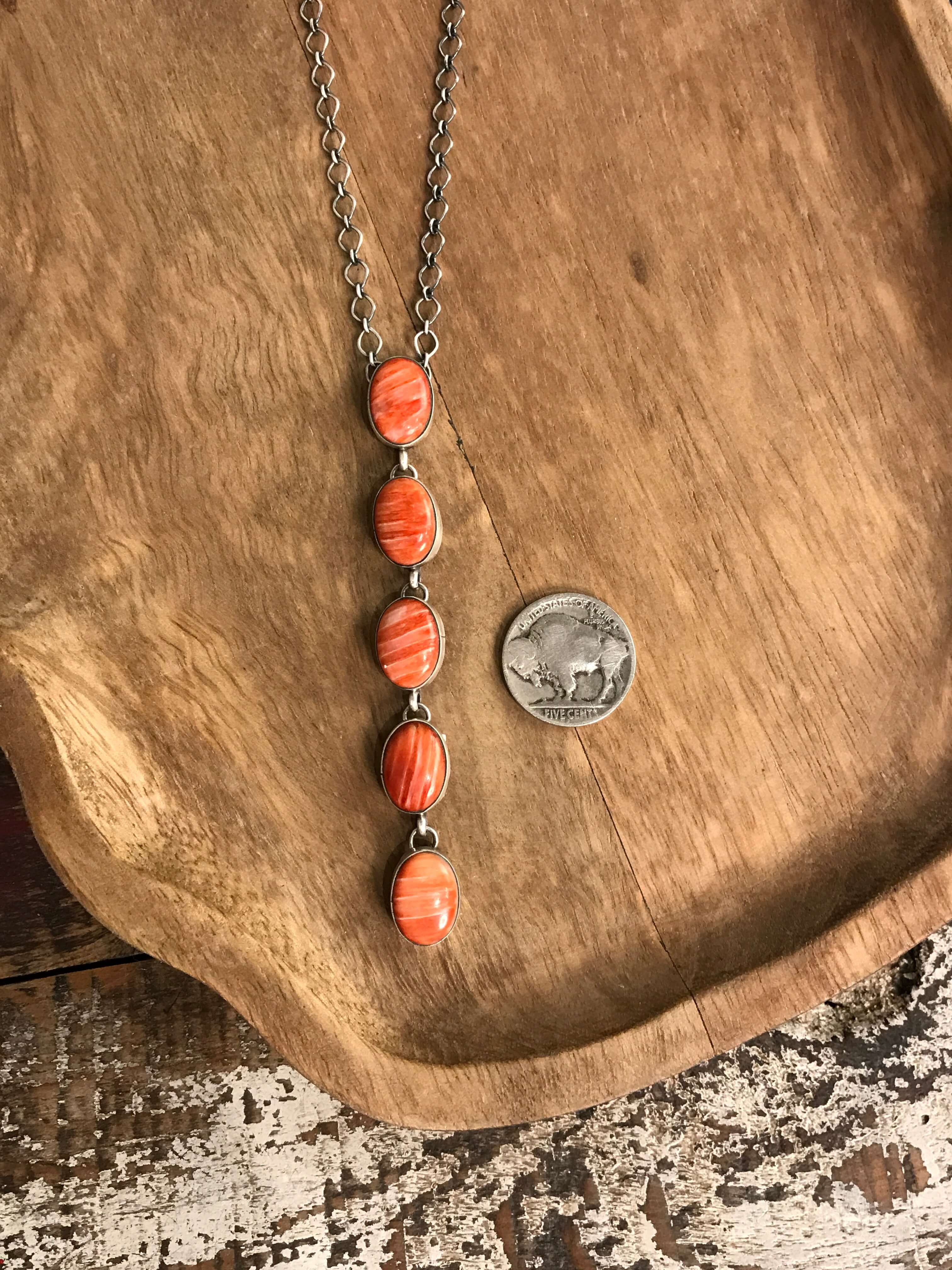 The Arroyo Lariat Necklace in Spiny Oyster, 12-Necklaces-Calli Co., Turquoise and Silver Jewelry, Native American Handmade, Zuni Tribe, Navajo Tribe, Brock Texas