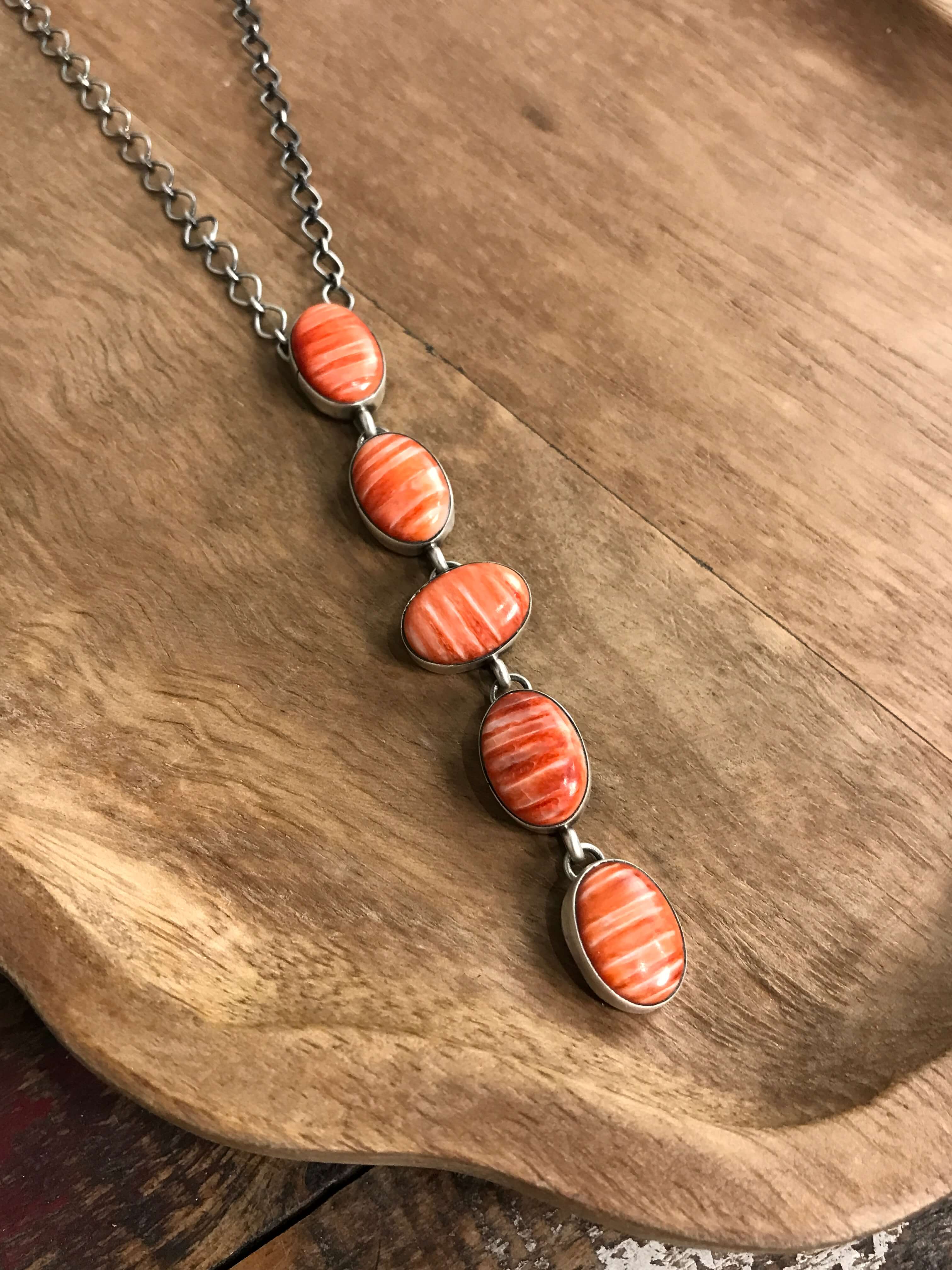 The Arroyo Lariat Necklace in Spiny Oyster, 13-Necklaces-Calli Co., Turquoise and Silver Jewelry, Native American Handmade, Zuni Tribe, Navajo Tribe, Brock Texas