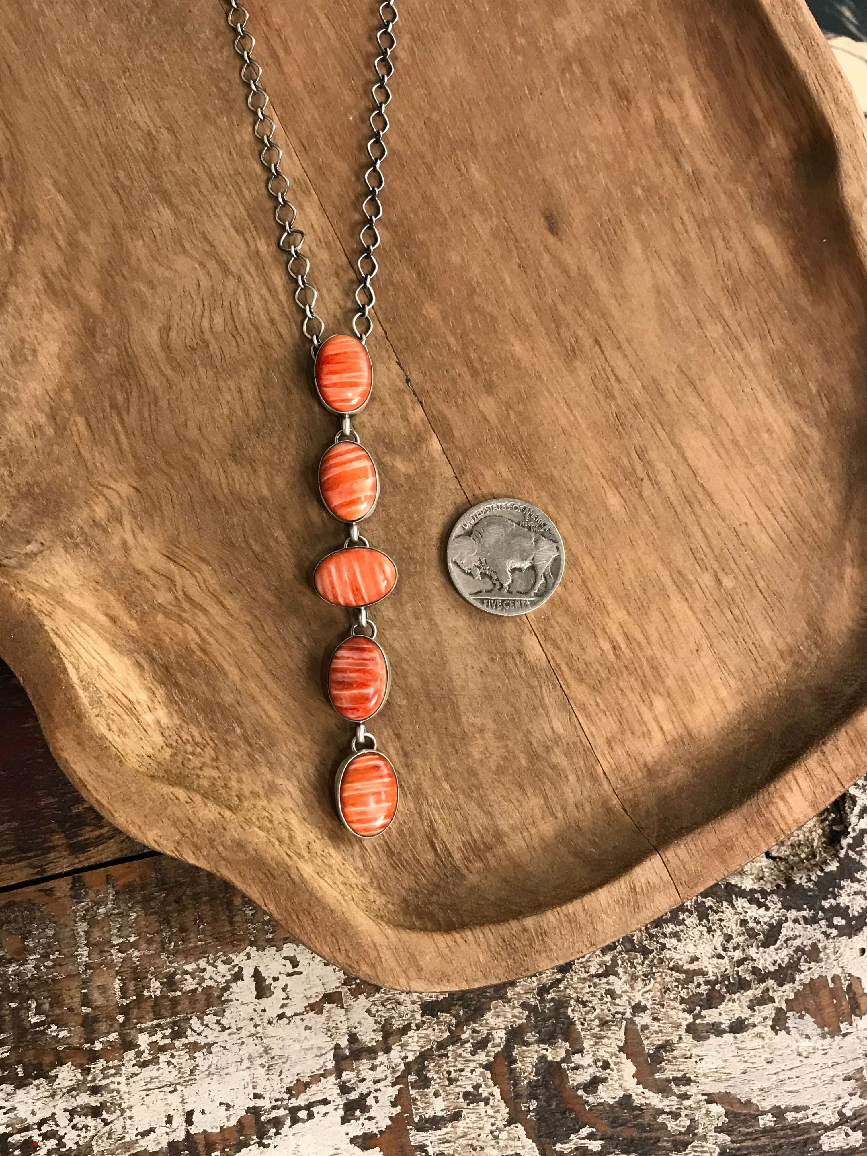 The Arroyo Lariat Necklace in Spiny Oyster, 13-Necklaces-Calli Co., Turquoise and Silver Jewelry, Native American Handmade, Zuni Tribe, Navajo Tribe, Brock Texas