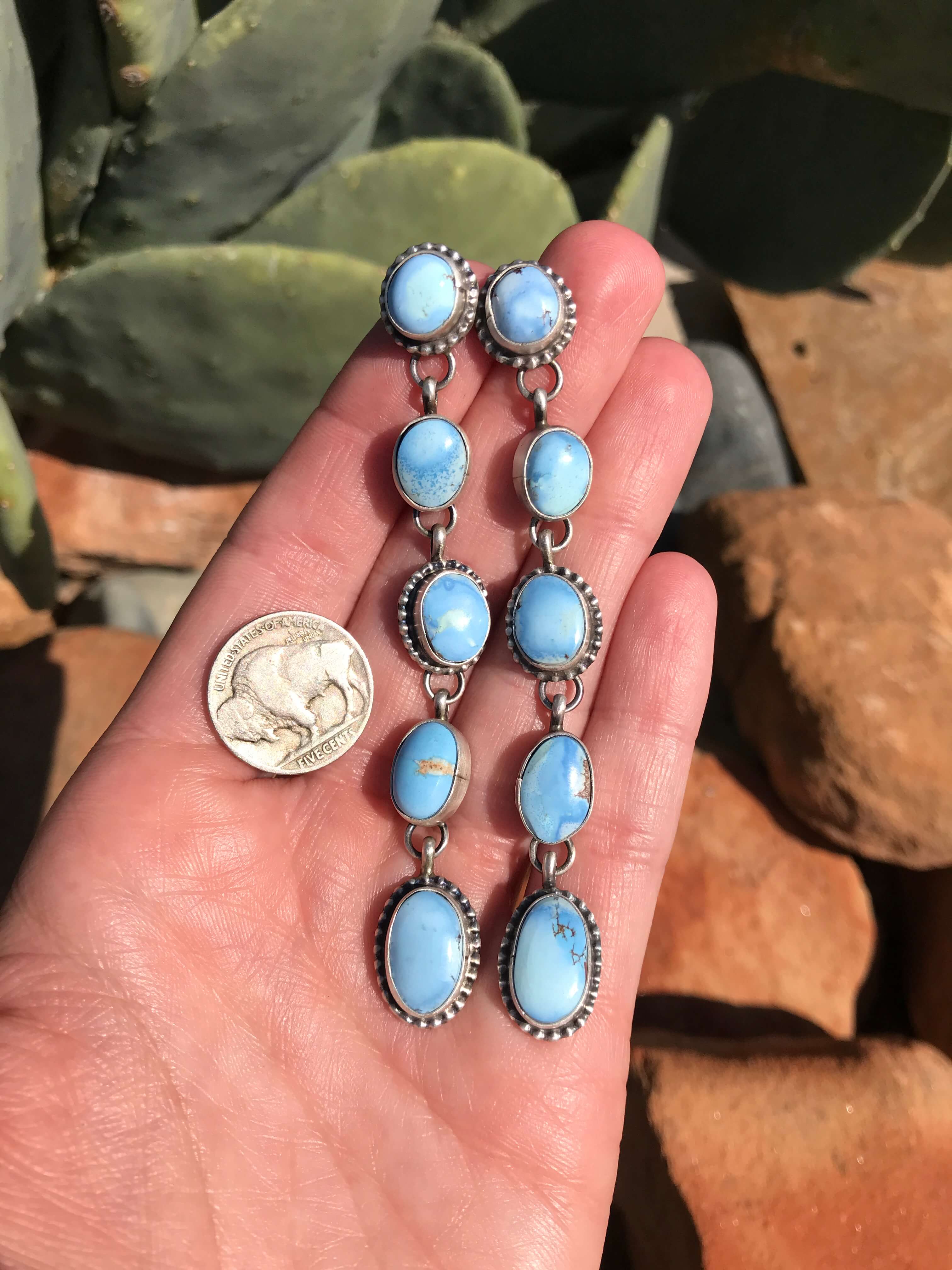 The Golden Hill 5 Stone Drop Earrings, 1-Earrings-Calli Co., Turquoise and Silver Jewelry, Native American Handmade, Zuni Tribe, Navajo Tribe, Brock Texas