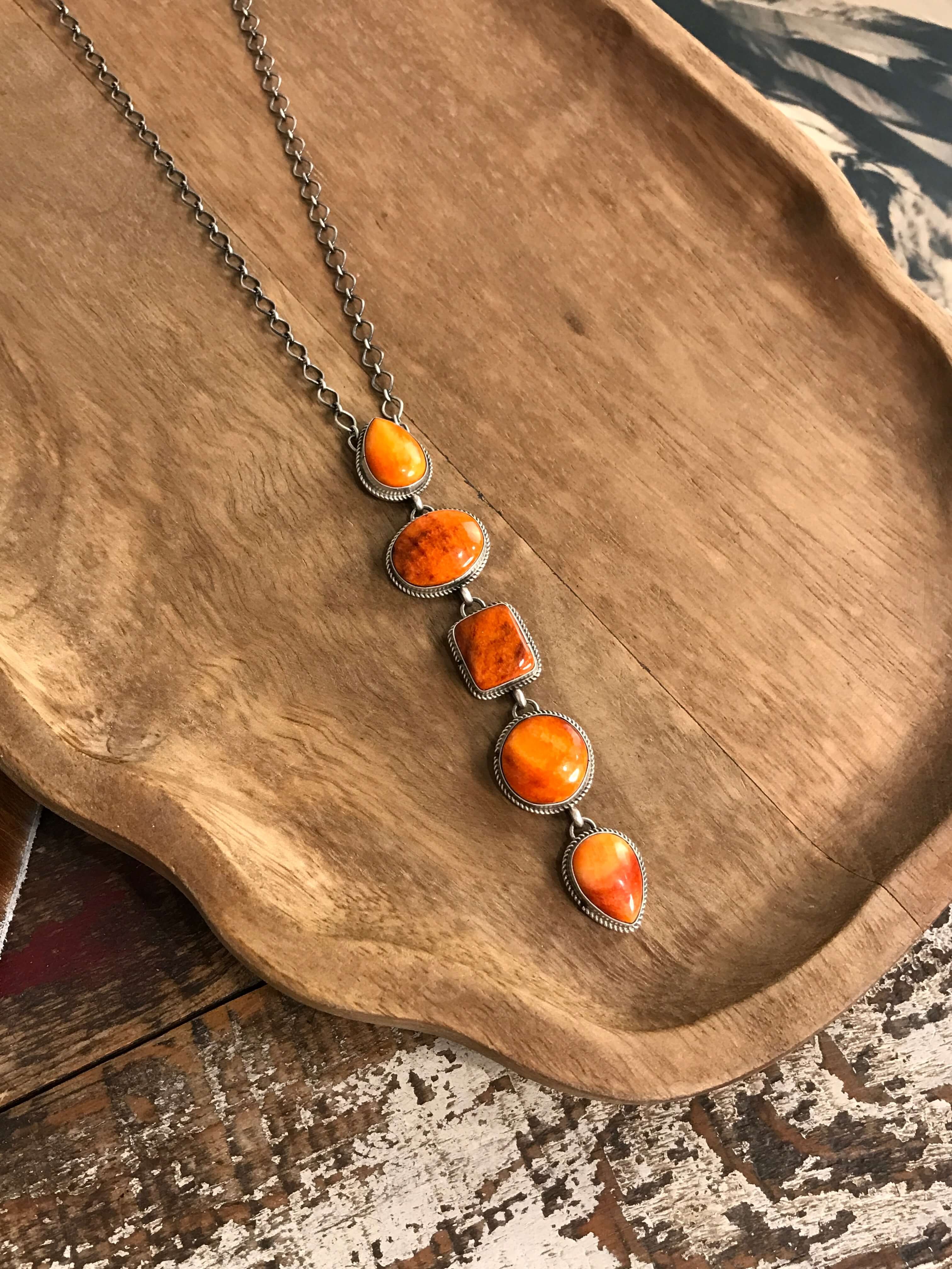 The Arroyo Lariat Necklace in Spiny Oyster, 17-Necklaces-Calli Co., Turquoise and Silver Jewelry, Native American Handmade, Zuni Tribe, Navajo Tribe, Brock Texas