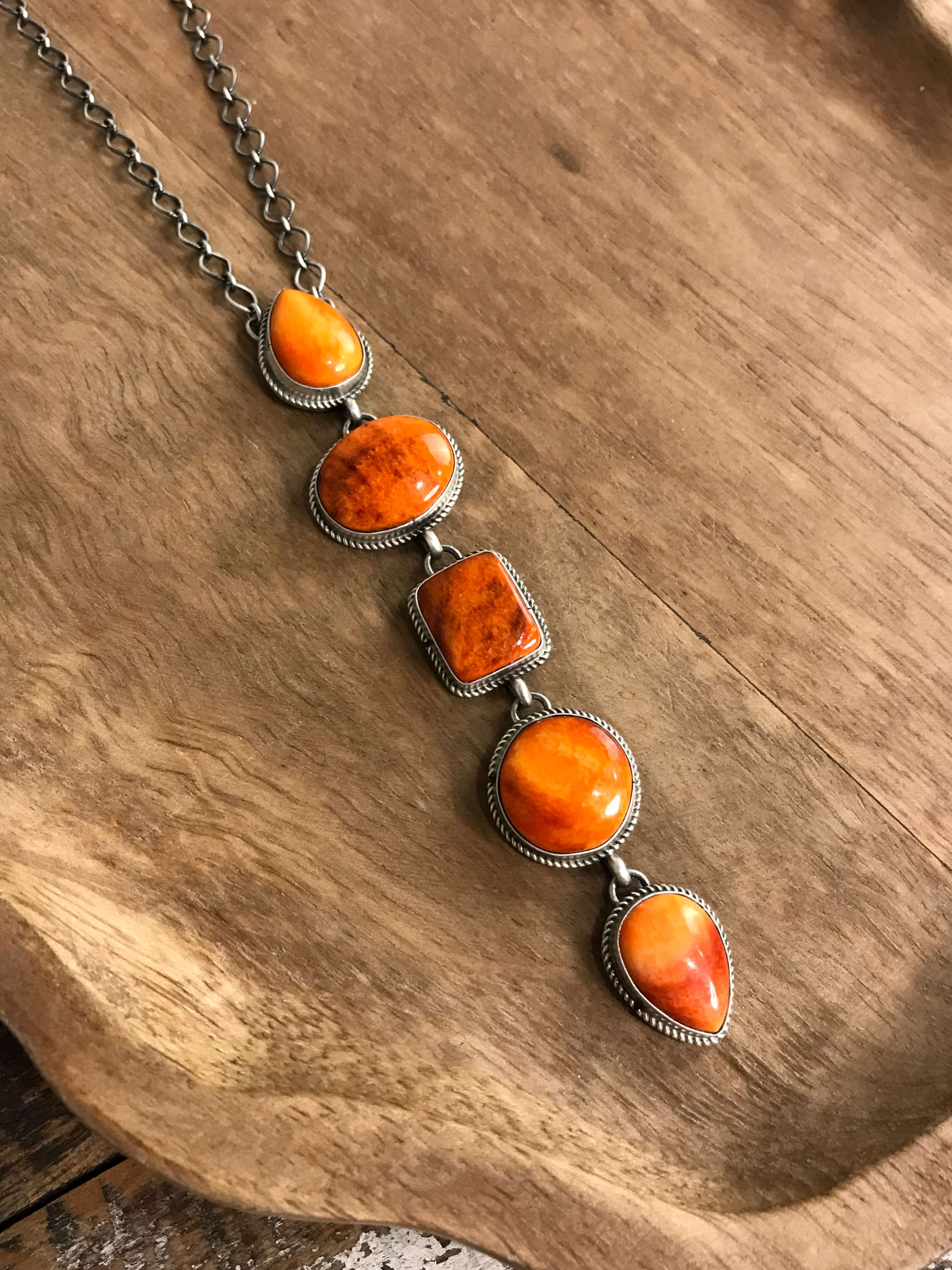 The Arroyo Lariat Necklace in Spiny Oyster, 17-Necklaces-Calli Co., Turquoise and Silver Jewelry, Native American Handmade, Zuni Tribe, Navajo Tribe, Brock Texas