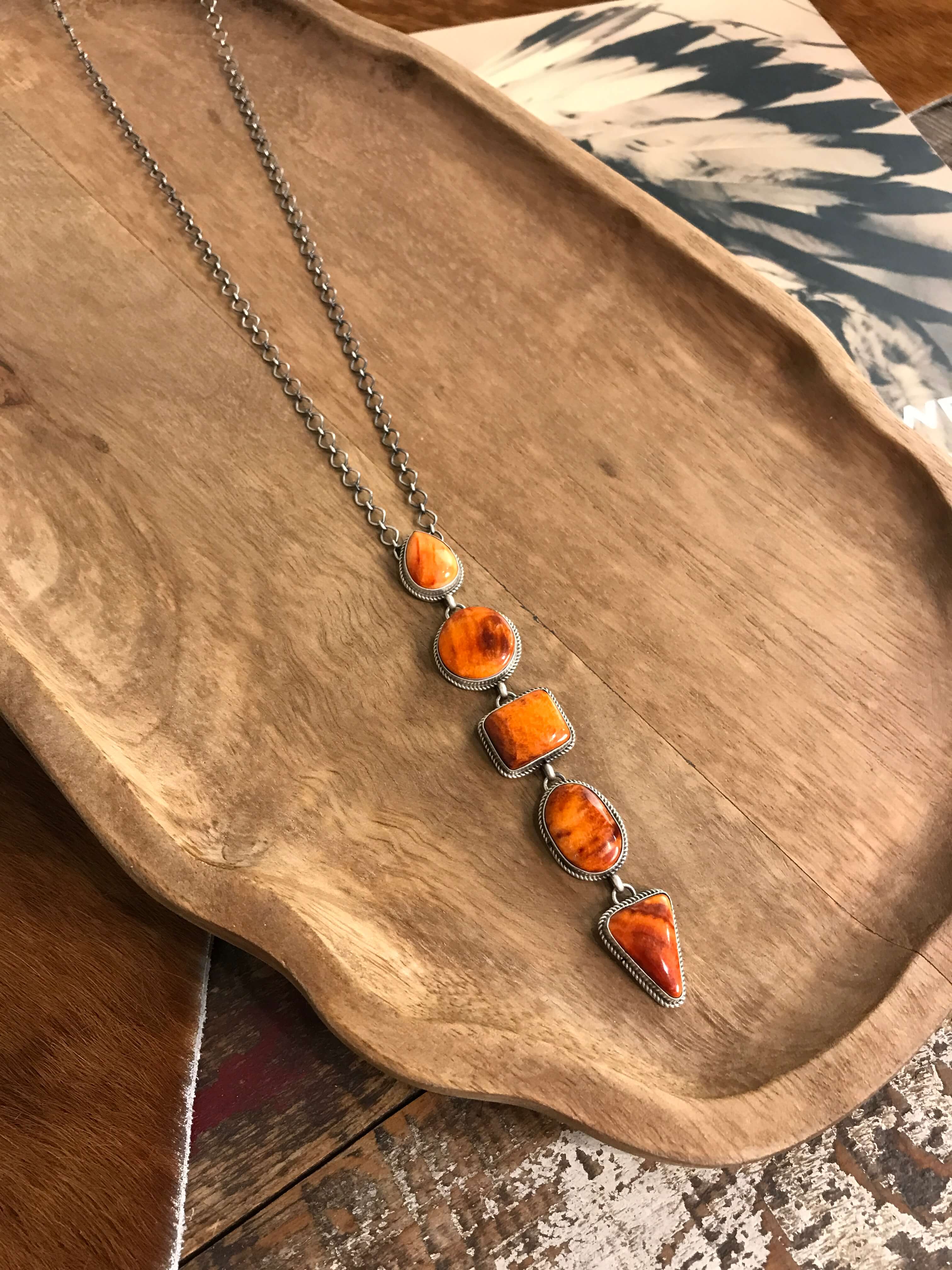 The Arroyo Lariat Necklace in Spiny Oyster, 19-Necklaces-Calli Co., Turquoise and Silver Jewelry, Native American Handmade, Zuni Tribe, Navajo Tribe, Brock Texas