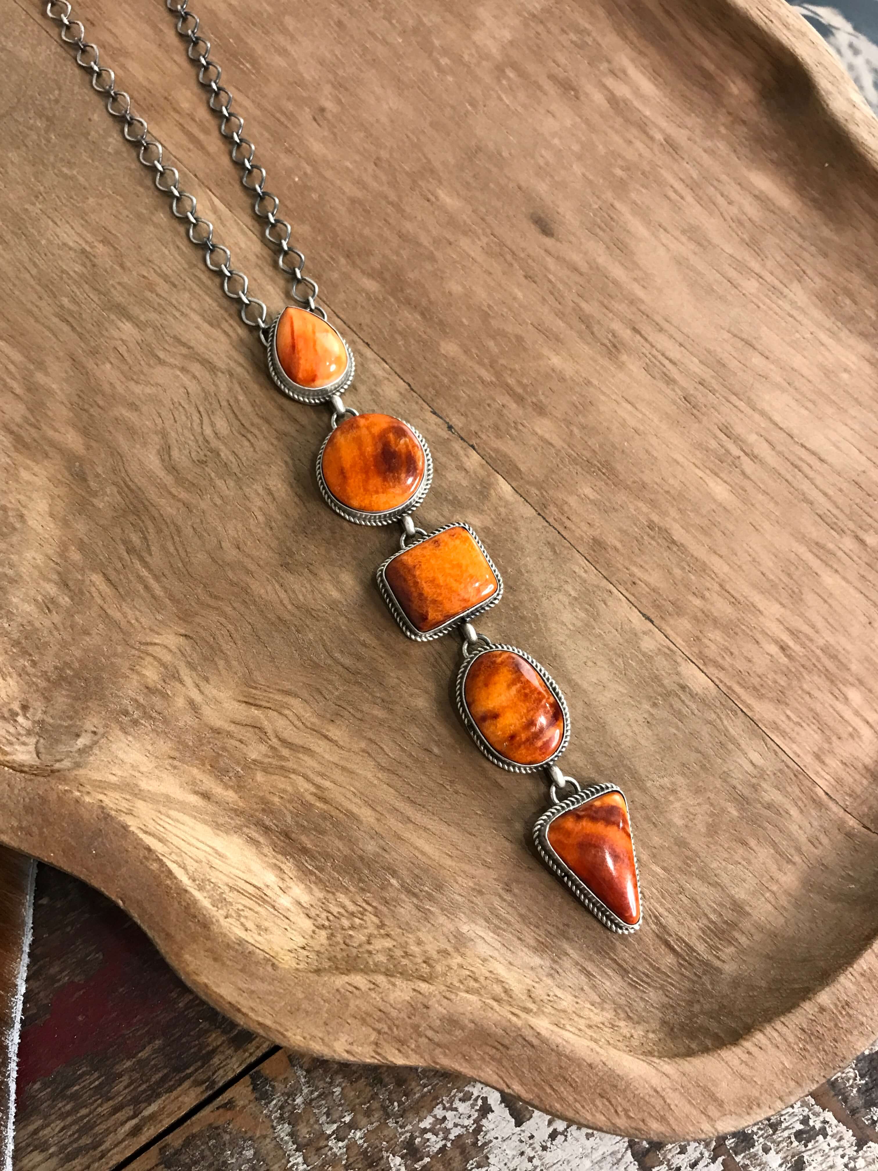 The Arroyo Lariat Necklace in Spiny Oyster, 19-Necklaces-Calli Co., Turquoise and Silver Jewelry, Native American Handmade, Zuni Tribe, Navajo Tribe, Brock Texas