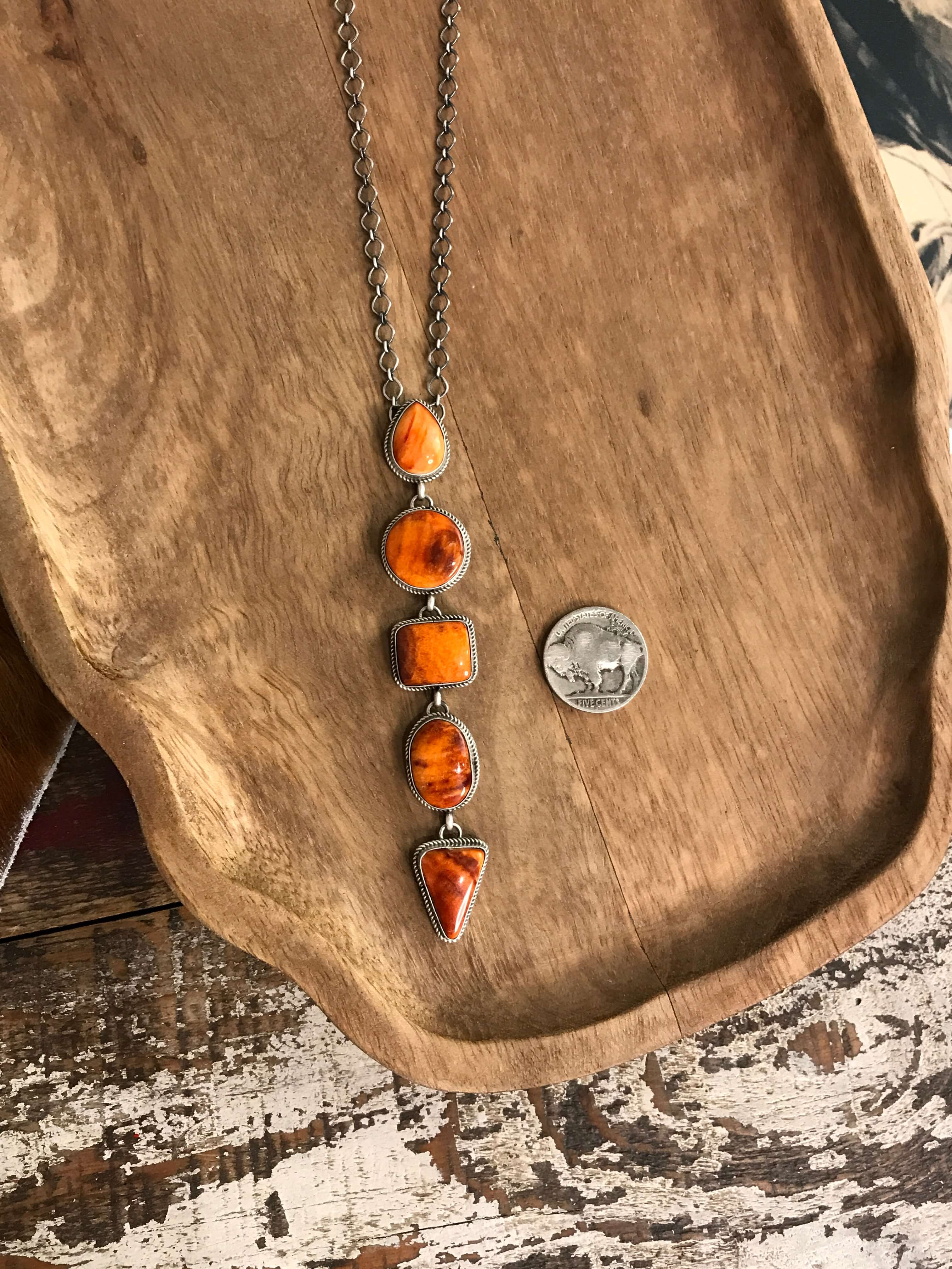 The Arroyo Lariat Necklace in Spiny Oyster, 19-Necklaces-Calli Co., Turquoise and Silver Jewelry, Native American Handmade, Zuni Tribe, Navajo Tribe, Brock Texas