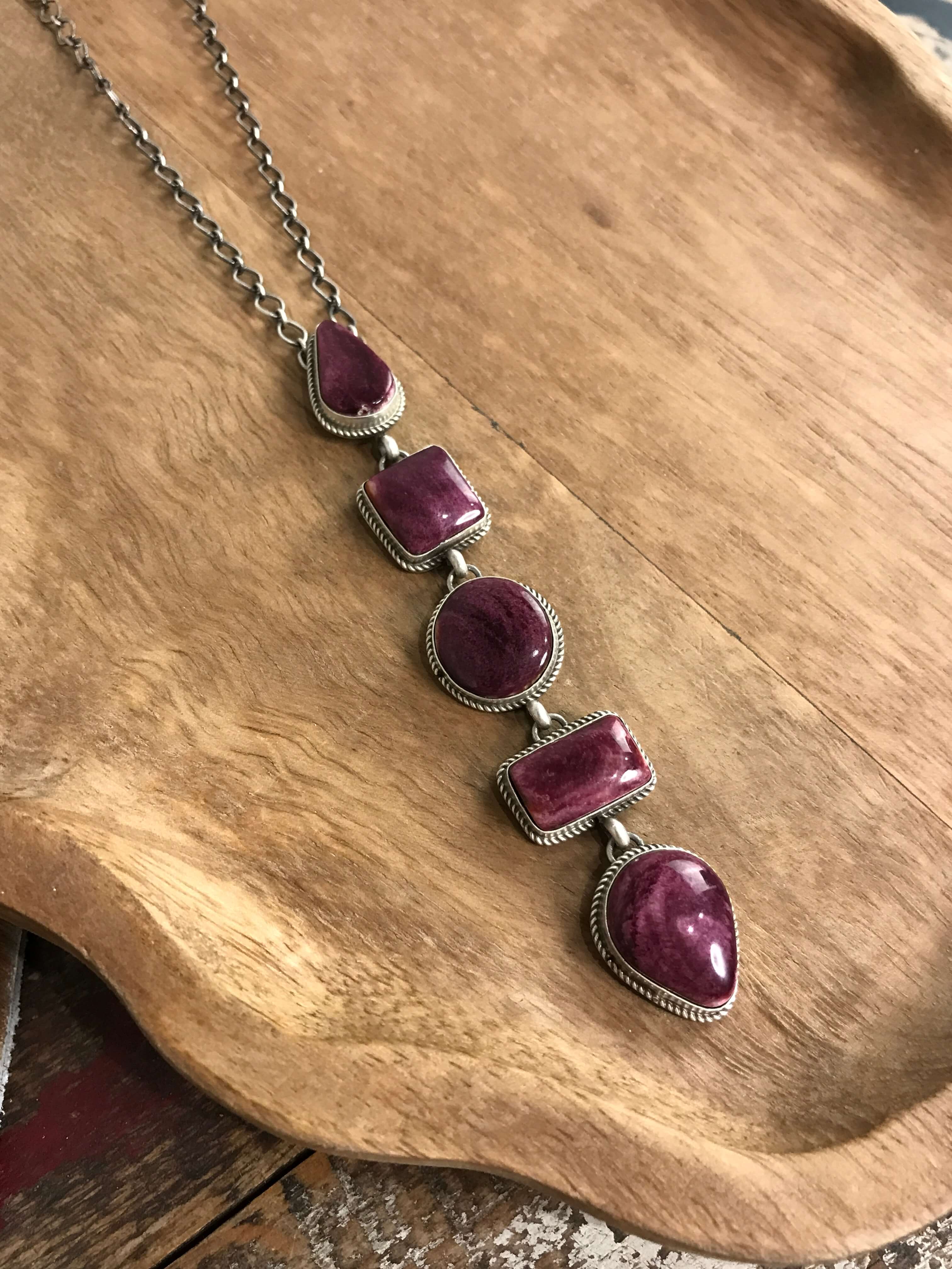 The Arroyo Lariat Necklace in Spiny Oyster, 20-Necklaces-Calli Co., Turquoise and Silver Jewelry, Native American Handmade, Zuni Tribe, Navajo Tribe, Brock Texas