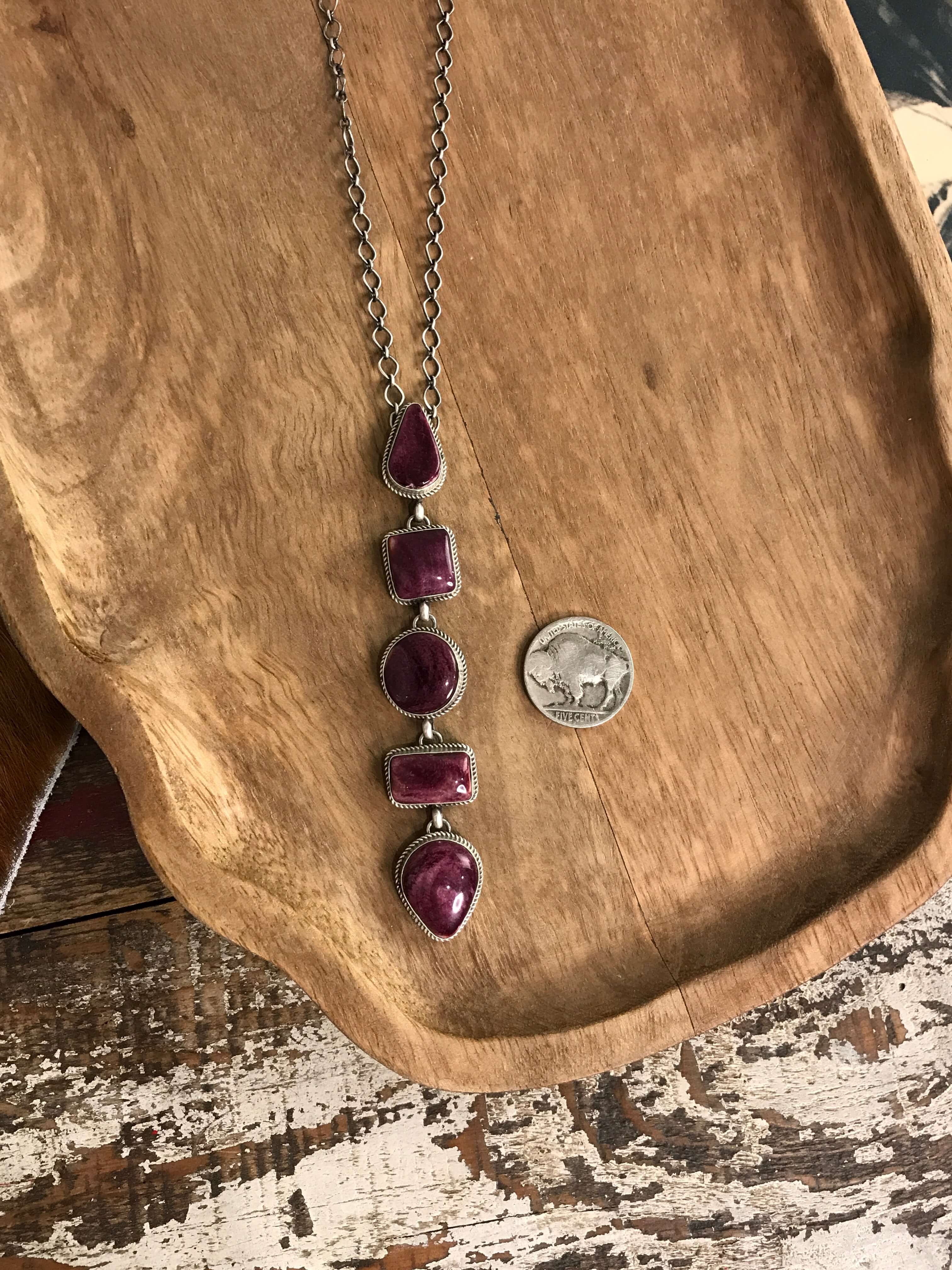 The Arroyo Lariat Necklace in Spiny Oyster, 20-Necklaces-Calli Co., Turquoise and Silver Jewelry, Native American Handmade, Zuni Tribe, Navajo Tribe, Brock Texas