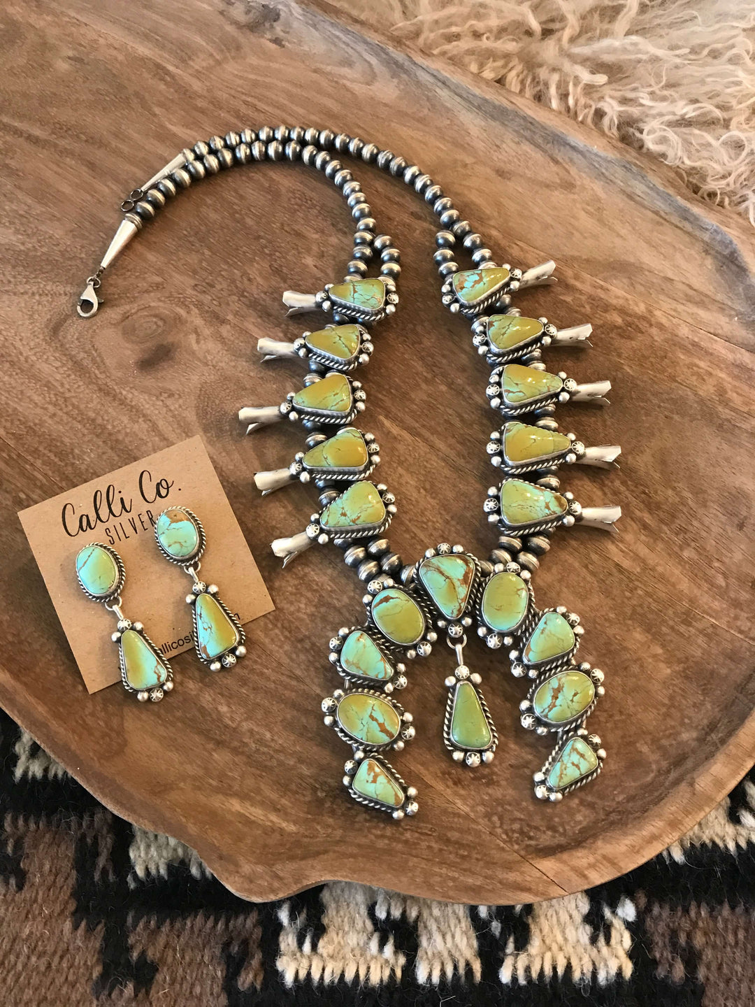 The Cyle Turquoise Squash Blossom Necklace Set-Necklaces-Calli Co., Turquoise and Silver Jewelry, Native American Handmade, Zuni Tribe, Navajo Tribe, Brock Texas