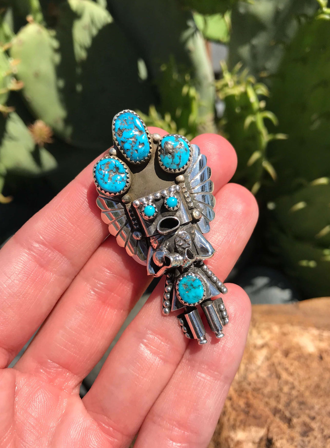 The Kachina Pendant/Pin in Turquoise, 1-Pendants-Calli Co., Turquoise and Silver Jewelry, Native American Handmade, Zuni Tribe, Navajo Tribe, Brock Texas