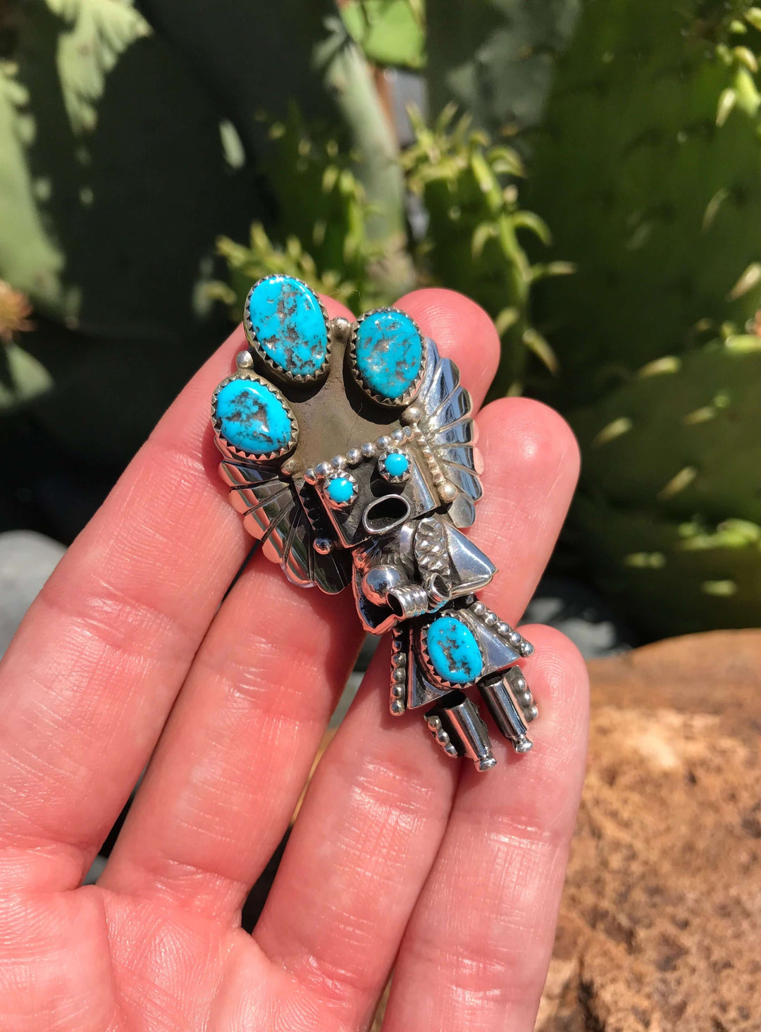 The Kachina Pendant/Pin in Turquoise, 2-Pendants-Calli Co., Turquoise and Silver Jewelry, Native American Handmade, Zuni Tribe, Navajo Tribe, Brock Texas