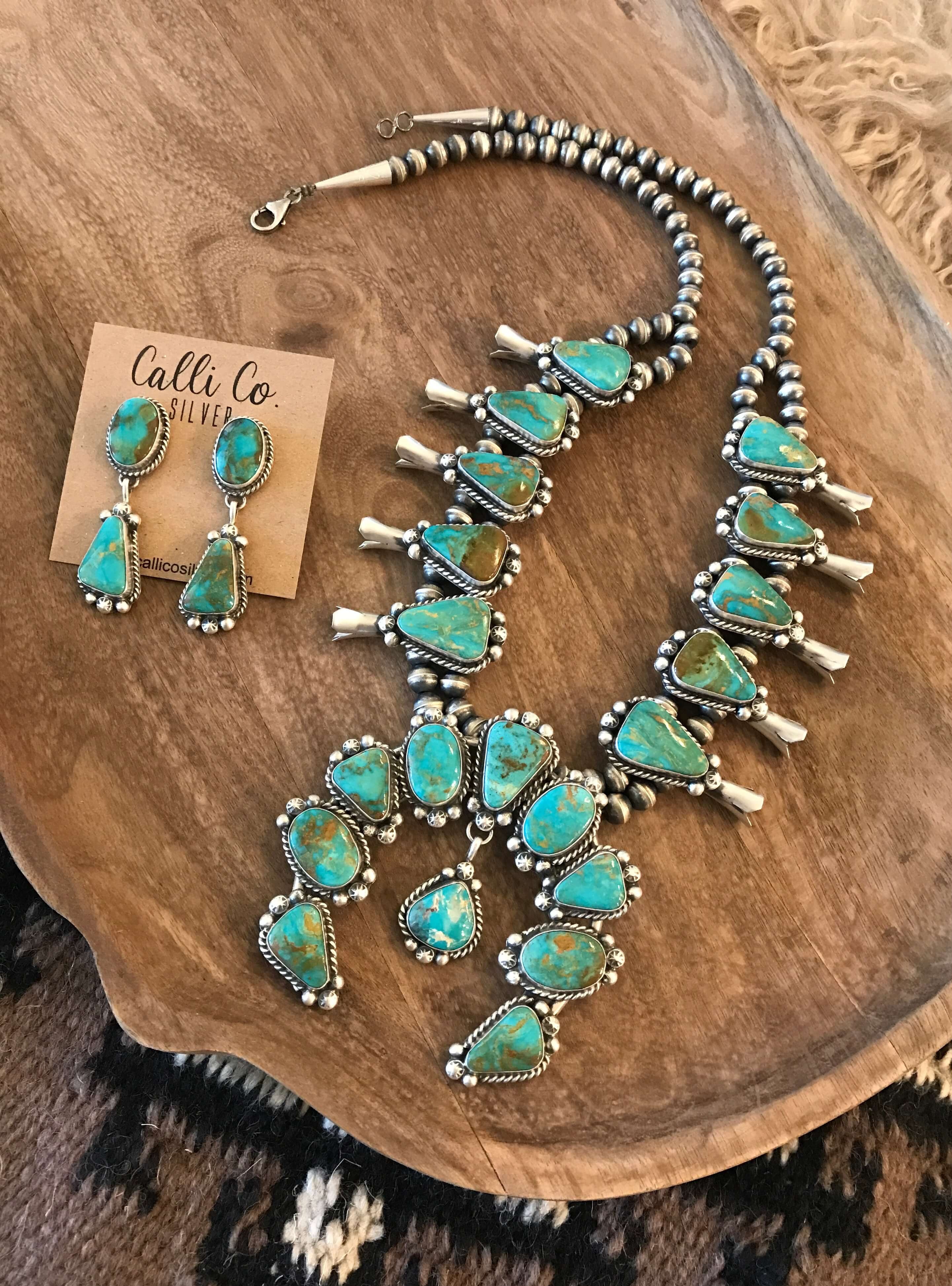 The Caledo Squash Blossom Necklace Set-Necklaces-Calli Co., Turquoise and Silver Jewelry, Native American Handmade, Zuni Tribe, Navajo Tribe, Brock Texas