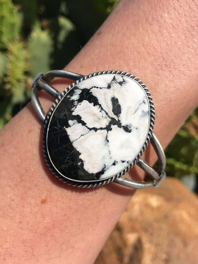 The Burkburnett White Buffalo Cuff-Bracelets & Cuffs-Calli Co., Turquoise and Silver Jewelry, Native American Handmade, Zuni Tribe, Navajo Tribe, Brock Texas