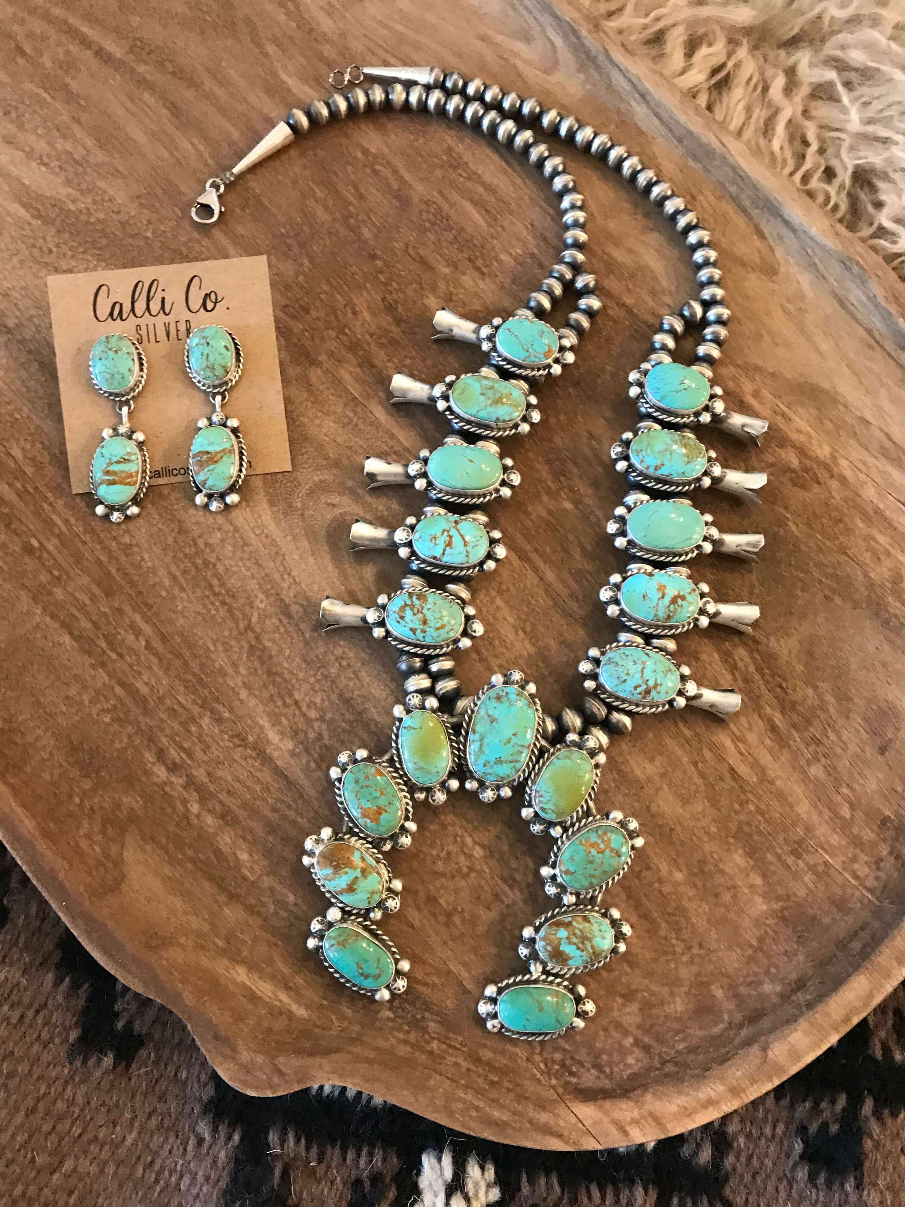 The Sutton Squash Blossom Necklace Set-Necklaces-Calli Co., Turquoise and Silver Jewelry, Native American Handmade, Zuni Tribe, Navajo Tribe, Brock Texas