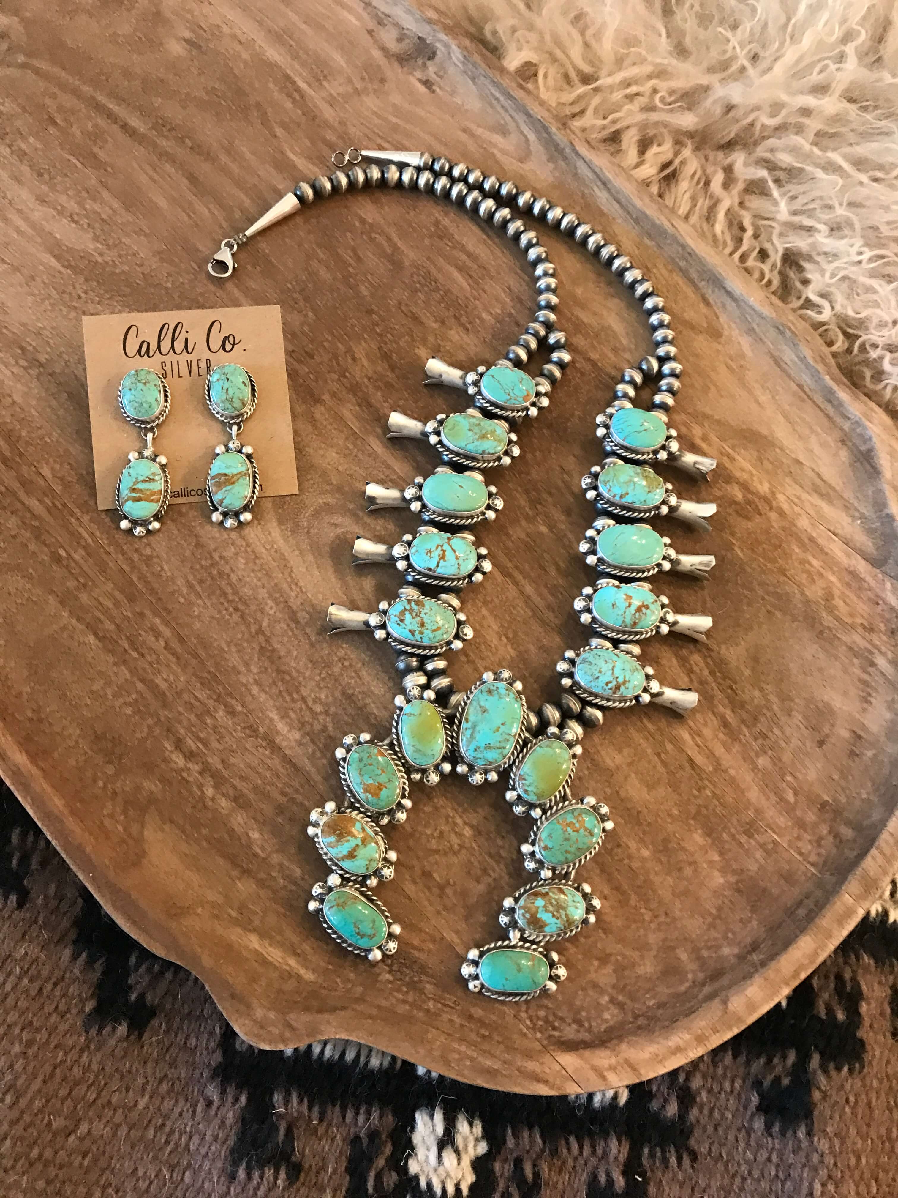 The Sutton Squash Blossom Necklace Set-Necklaces-Calli Co., Turquoise and Silver Jewelry, Native American Handmade, Zuni Tribe, Navajo Tribe, Brock Texas