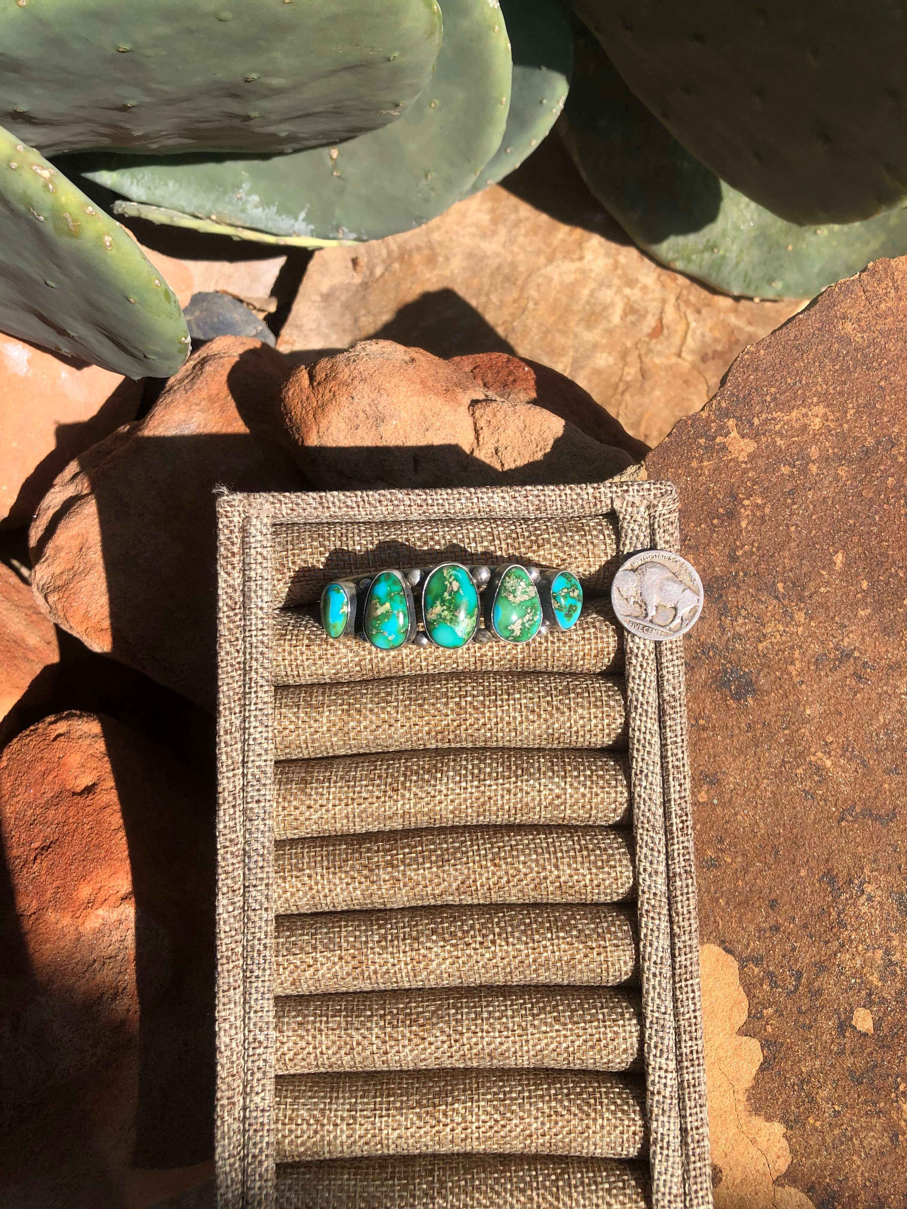 The 5 Stone Turquoise Cuff, 1-Bracelets & Cuffs-Calli Co., Turquoise and Silver Jewelry, Native American Handmade, Zuni Tribe, Navajo Tribe, Brock Texas